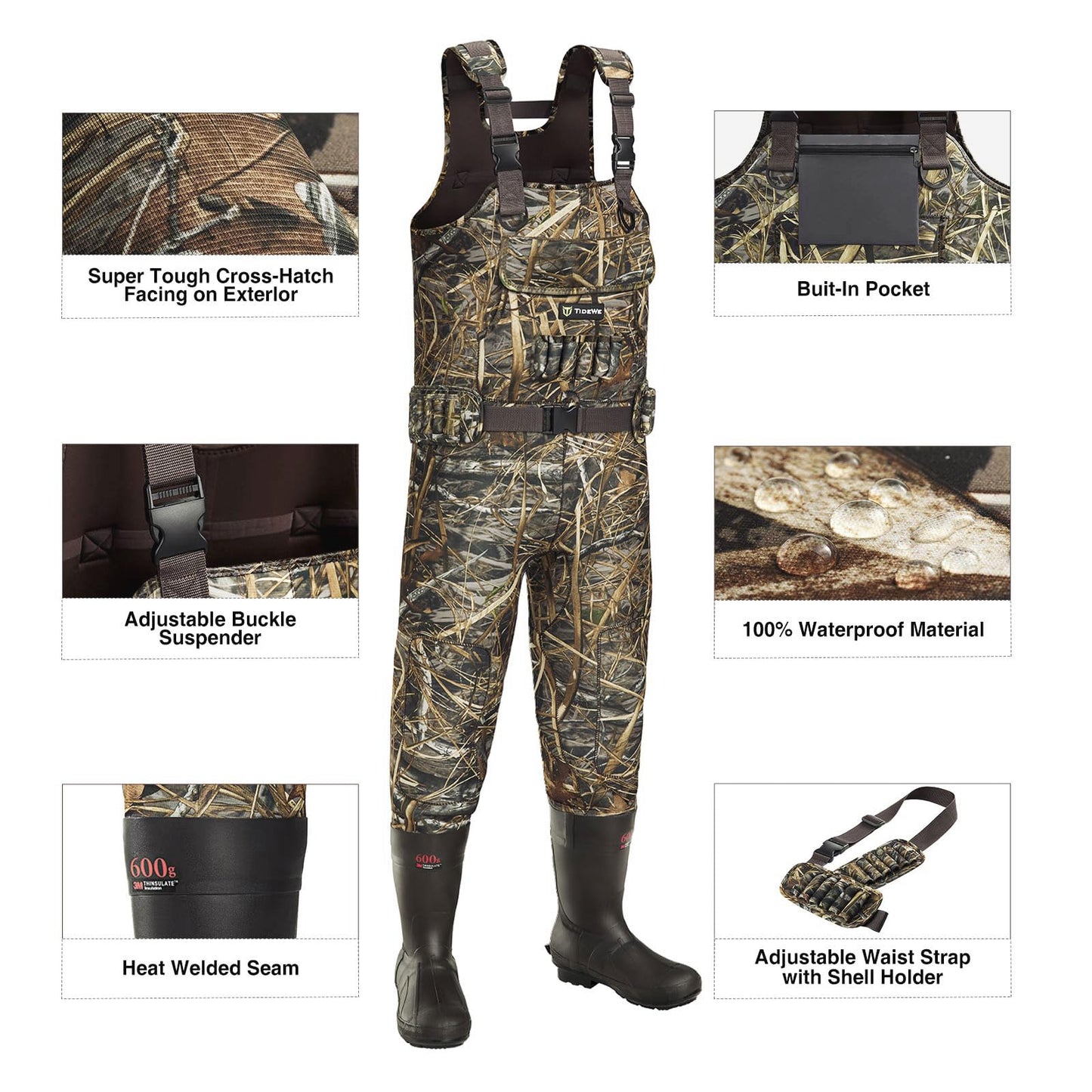 TIDEWE Chest Waders with Boot Hanger, Hunting Waders for Men Next Camo Evo with 600G Insulation, Waterproof Cleated Neoprene Bootfoot Wader, Insulated Hunting & Fishing Waders (Size 13)