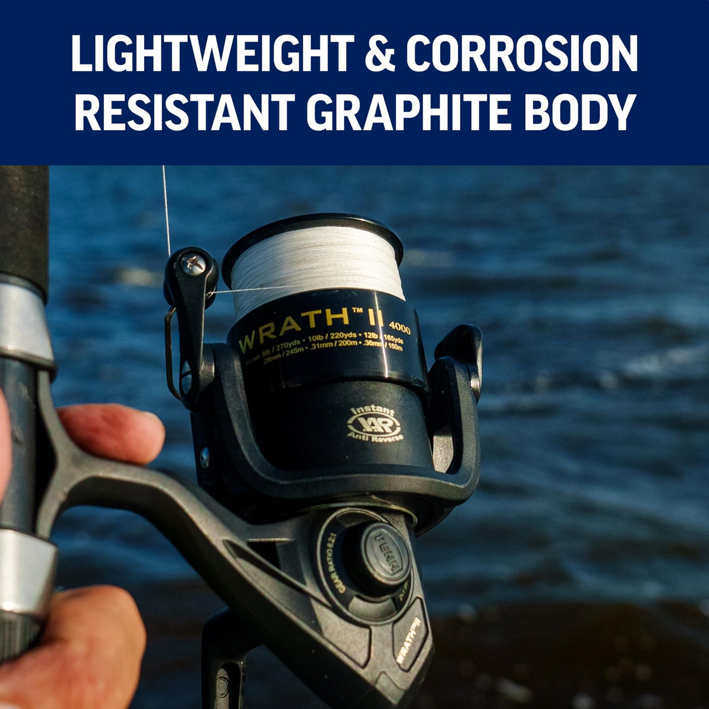 PENN Wrath II Saltwater Spinning Fishing Reel, Size 3000, Right/Left Handle Position, Corrosion-Resistant Graphite Body, Machined Anodized Aluminum Spool, Black/Gold