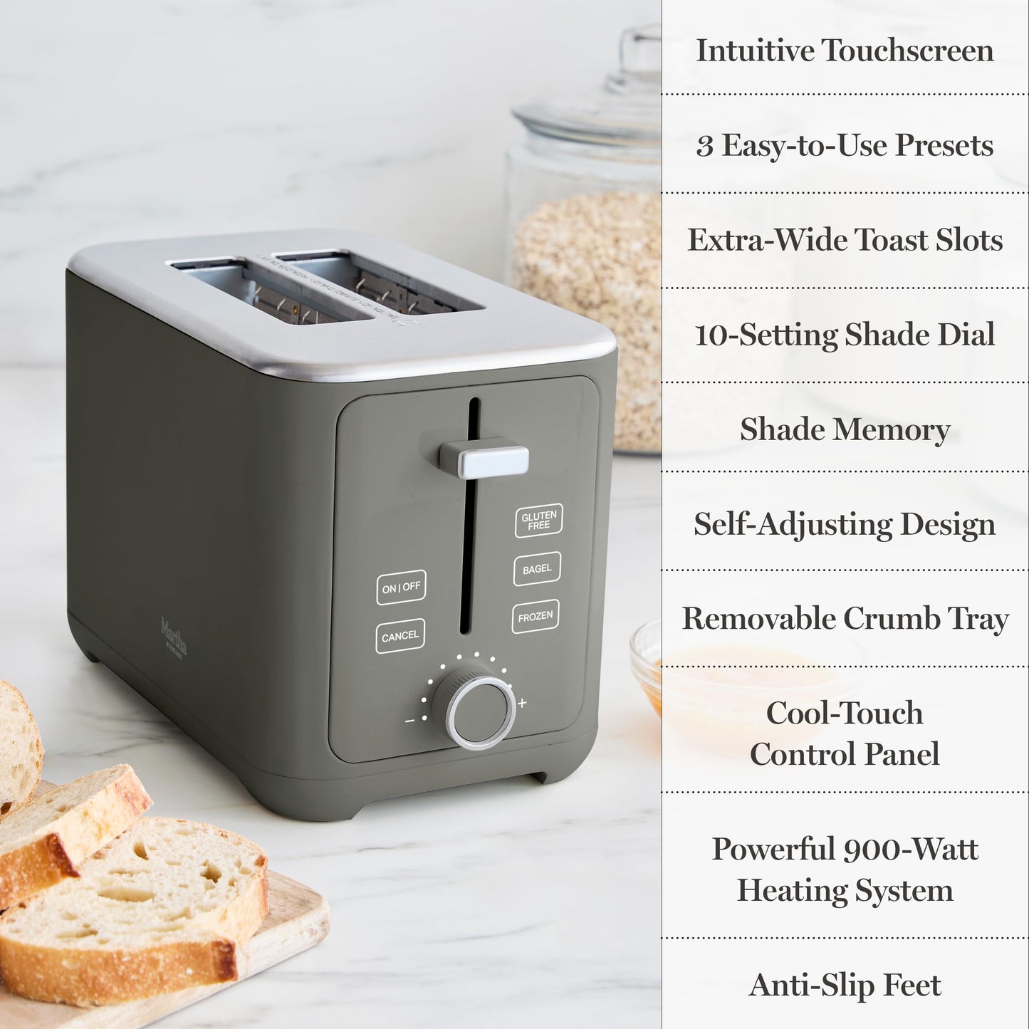 Martha Stewart 4 Slice Toaster, 10 Shade Settings with Defrost, Cancel, Bagel & Gluten-Free, Extra-Wide Self-Centering Slots for Waffles, Artisan Bread, Removable Crumb Tray, Cord Wrap,1800W, Honeydew