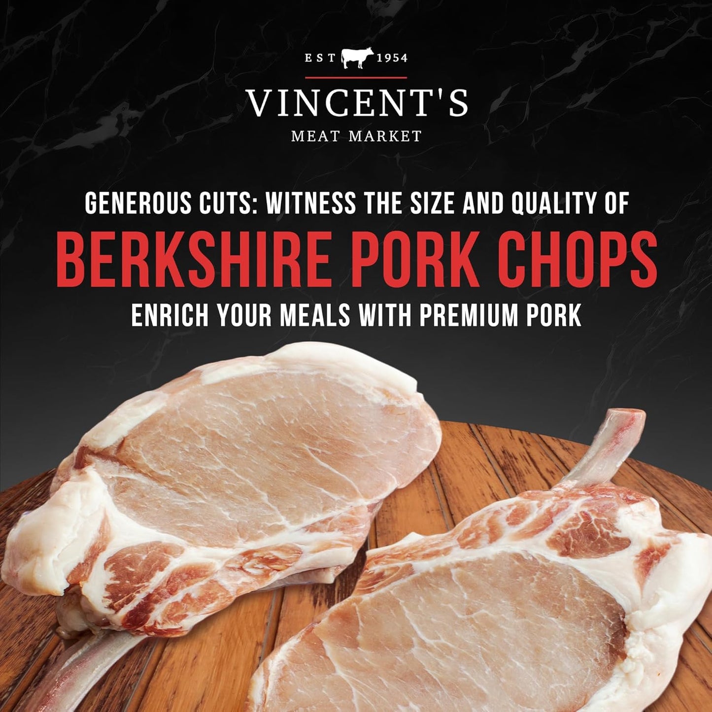 Vincent's Meat Market Berkshire Pork Chops - Elevate Your Culinary Experience with Premium Heritage-Breed Cuts - Juicy, Flavorful, and Tender - Ideal for Grilling, Roasting, or Pan-Searing - 8 lbs (16 chops)