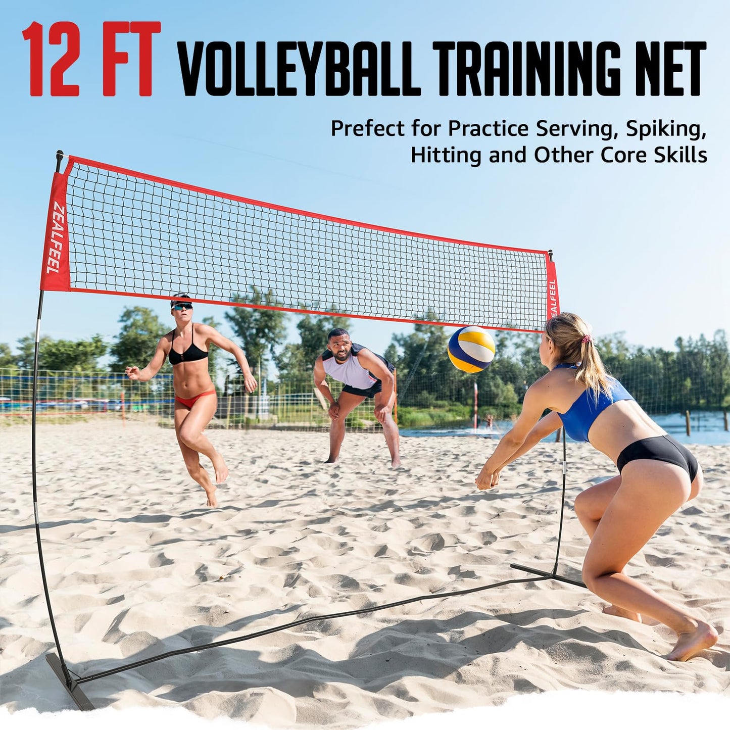 ZEALFEEL Volleyball Net, 12FT Volleyball Training Net Height Adjustable, Portable Freestanding Practice Net for Hitting or Serving Drills, Pop up Volley Ball Nets with Carry Bag for Backyard Outdoor