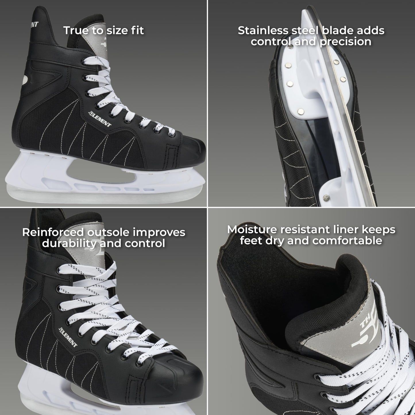 5th Element Stealth Ice Hockey Skates - Perfect for Recreational Ice Skating and Hockey - True-to-Size Fit and Moisture Resistant Liner Ice Skates for Men (Black/White, 10.0)