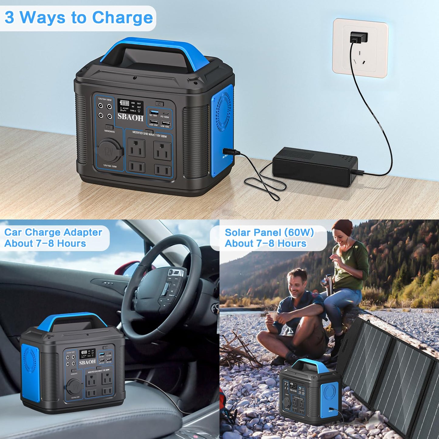 Portable Power Station, 300W 296Wh Solar Generator Quick Charge / 110V AC Outlets/DC Ports and LED Flashlight, Lithium Battery Backup for Home Outdoor Travel Camping Blackout blue
