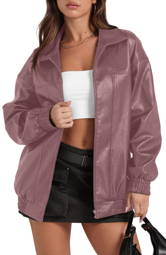 SAMPEEL Leather Jacket Women Faux Oversized Motorcycle Bomber Coats 2024 Fall Fashion Outfits Winter Clothes