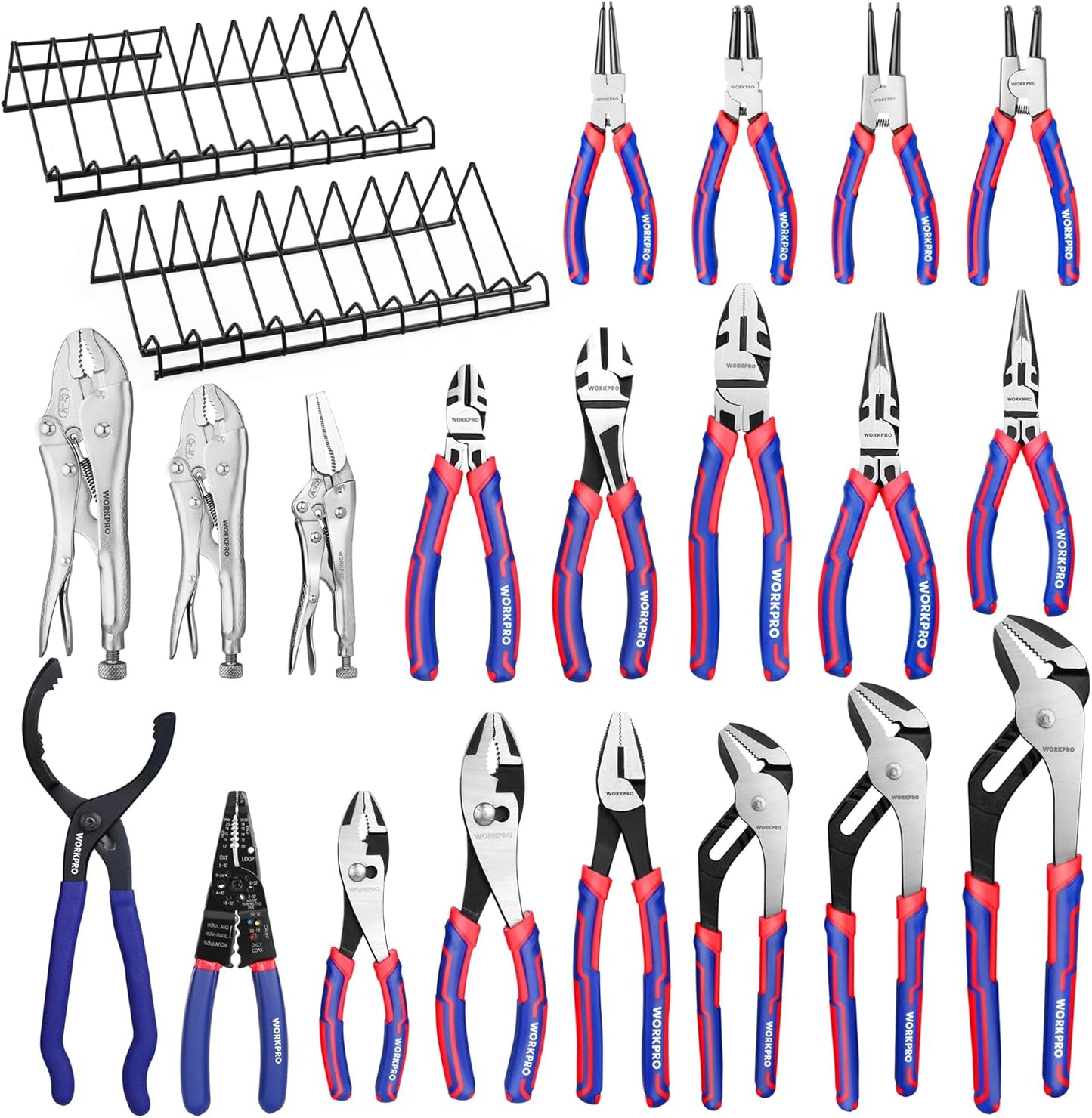 WORKPRO Pliers Set, 20-Piece Full Assortment of Pliers with 2-pack Plier Organizer Rack, Great Fits for Tool Box Drawer or Tool Chest, Ideal as Holiday, Fathers' Day and Christmas Gift