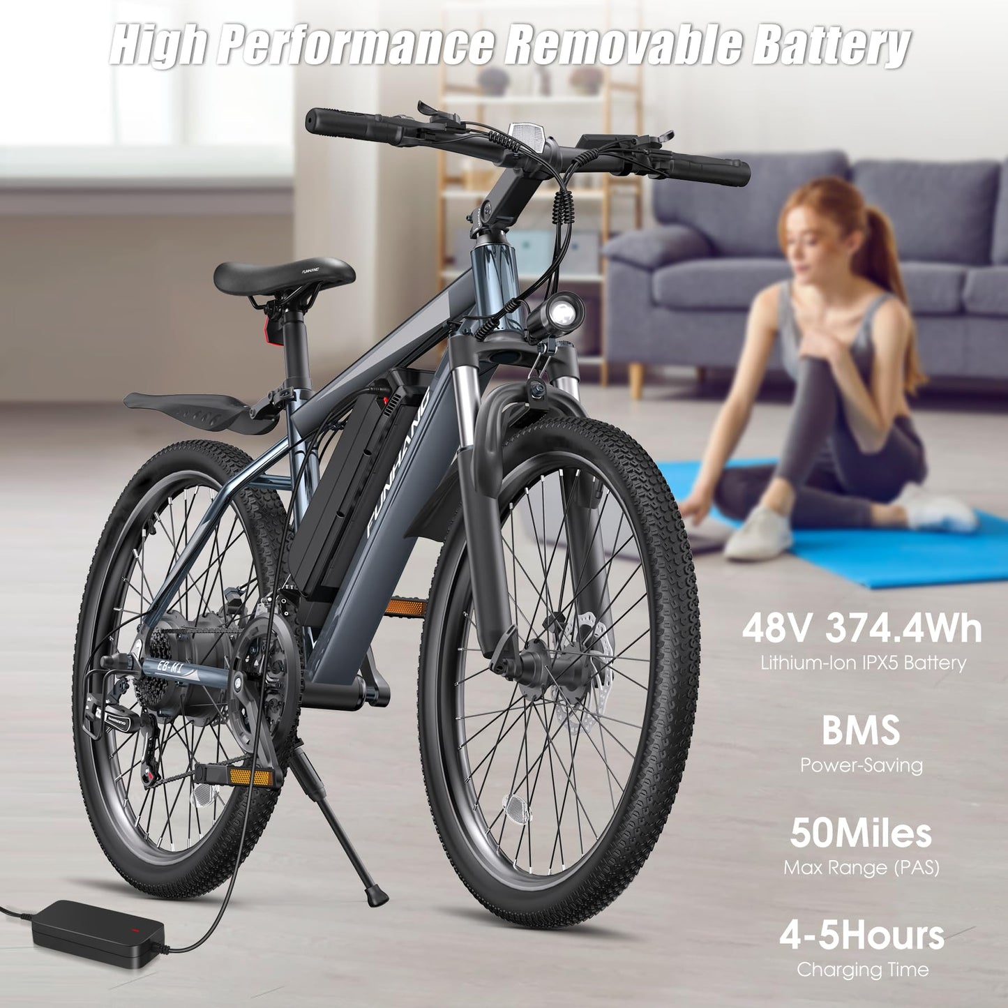 Funhang Electric Bike for Adults, 1000W Peak Ebike, 50Miles 21.7MPH Electric Mountain Bike, 26" Adult Electric Bicycle with 48V Removable Battery, Adjustable Stem, Fenders, 21 Speed, UL 2849 Certified