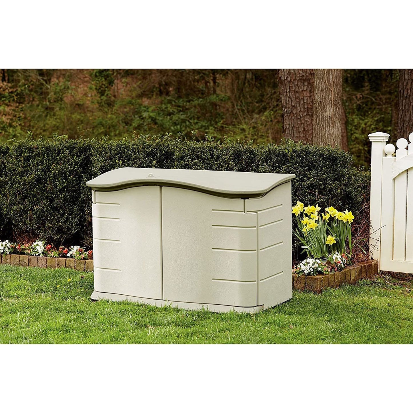 Rubbermaid Small Horizontal Resin Outdoor Storage Shed With Floor (4.5 x 3 Ft) Weather Resistant, Beige/Brown, Organization for Home/Backyard/Pool Chemicals/Toys/Garden Tools/Porch/Patio Cushions