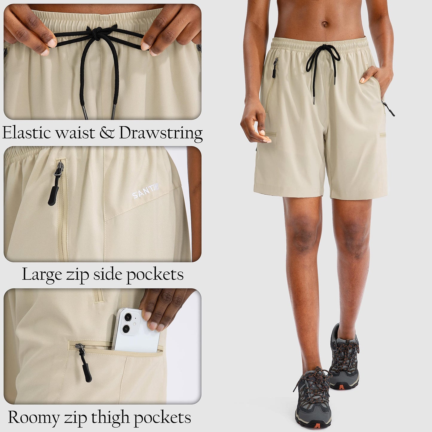 SANTINY Women's 5''/ 7''/9'' Hiking Cargo Shorts Quick Dry Lightweight Summer Shorts for Women Athletic Golf Zipper Pockets(Khaki_XL)