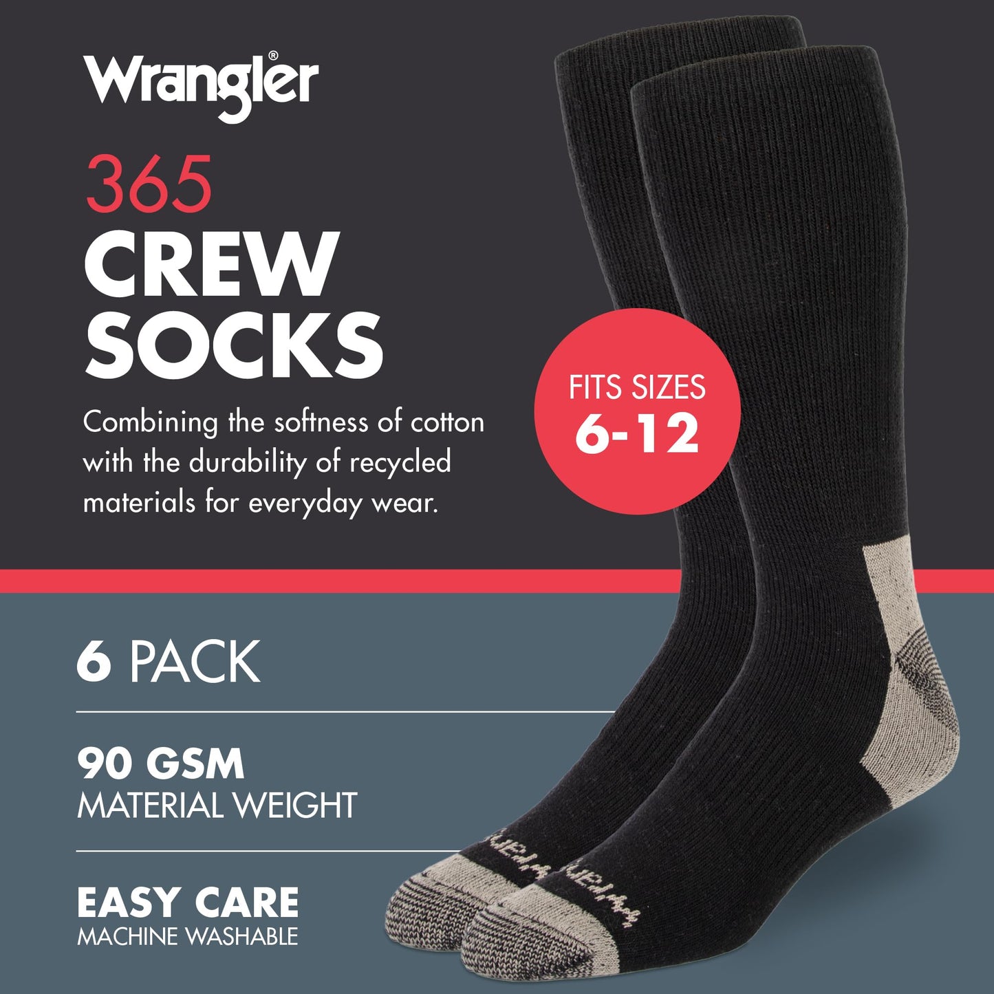 Wrangler - 365 Men's Crew Socks - Full Cushion Socks for All-Day Comfort - Fits Sizes 6-12