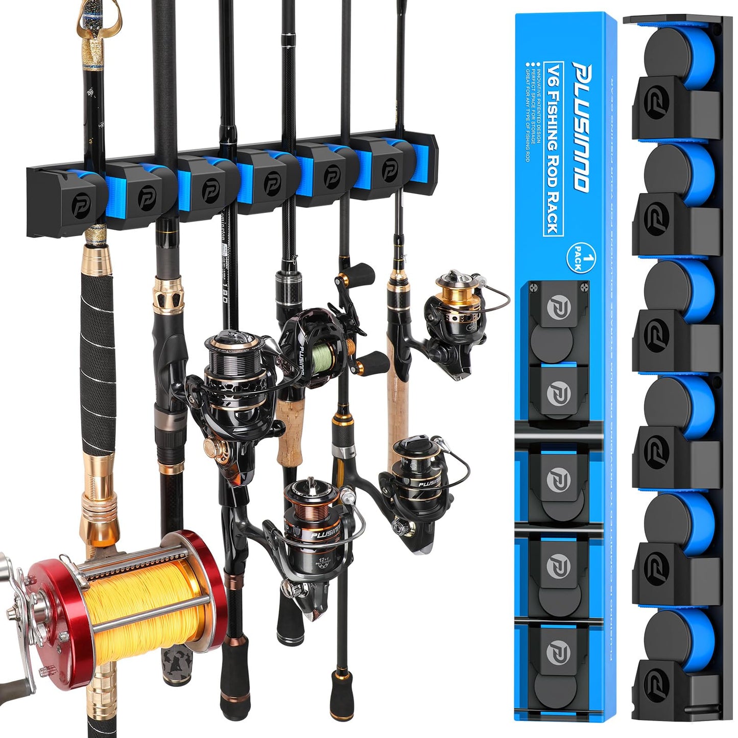 PLUSINNO Vertical Fishing Rod Holder, Wall Mounted Fishing Rod Rack, Fishing Pole Holder Holds Up to 9 Rods or Combos, Fishing Rod Holders for Garage, Fits Most Rods of Diameter 3-19mm