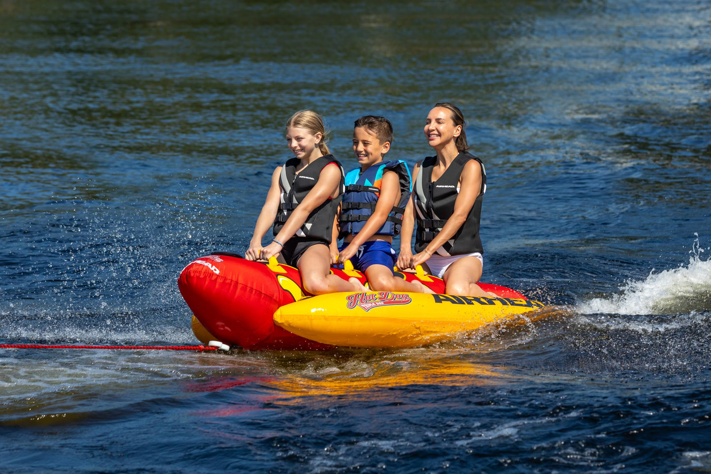 Airhead Hot Dog Towable, 1-3 Rider Tube for boating and Water Sports, Neoprene Seat Pads, Double-Stitched Full Nylon Cover, and Boston Valve for Convenient Inflating and Deflating