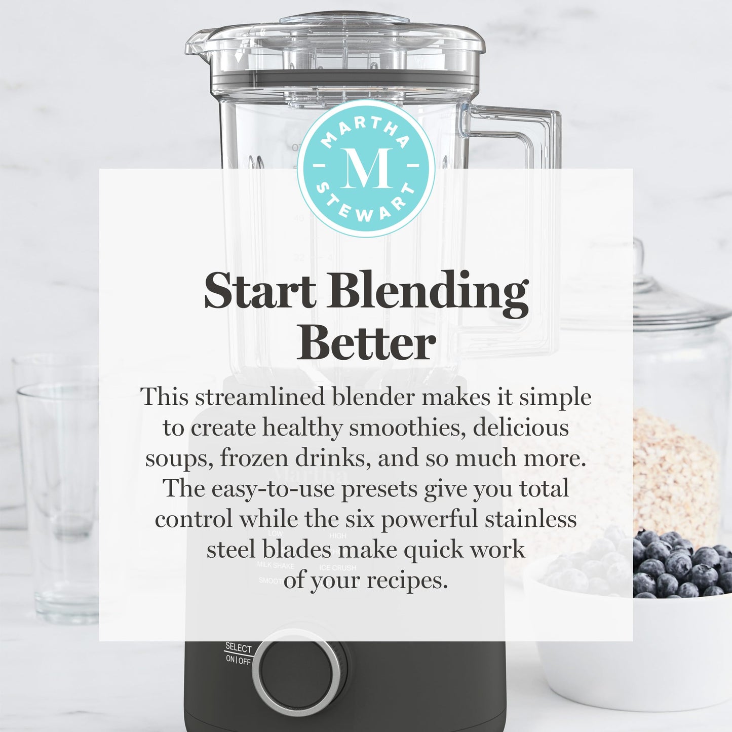 Martha Stewart 50oz Countertop Blender, Smoothie, Margarita & Ice Crushing Blender, BPA-Free Pitcher, 3 Speeds, 5 Presets, Auto-Clean Function, Dishwasher Safe, Stainless Steel Blades, Sky Blue