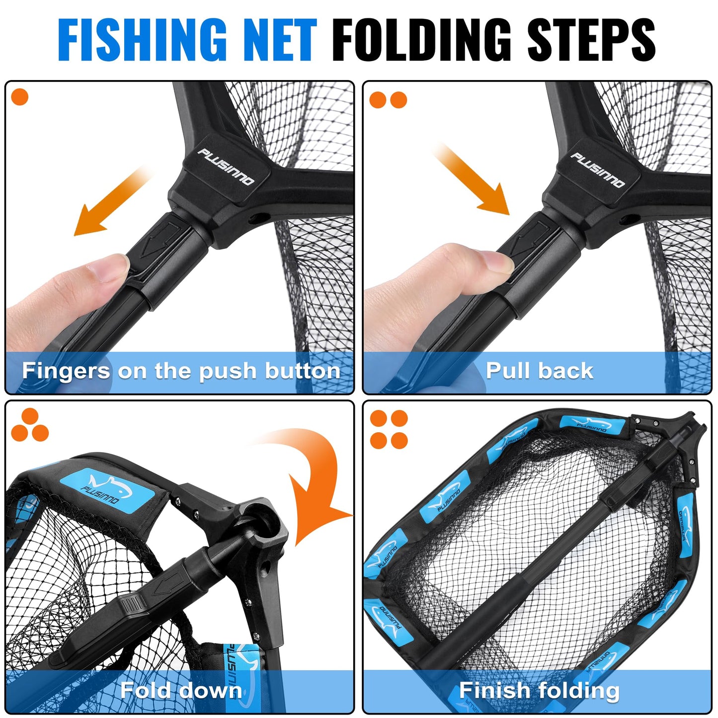 PLUSINNO Floating Fishing Net for Steelhead, Salmon, Fly, Kayak, Catfish, Bass, Trout Fishing, Rubber Coated Landing Net for Easy Catch & Release, Compact & Foldable for Easy Transportation & Storage