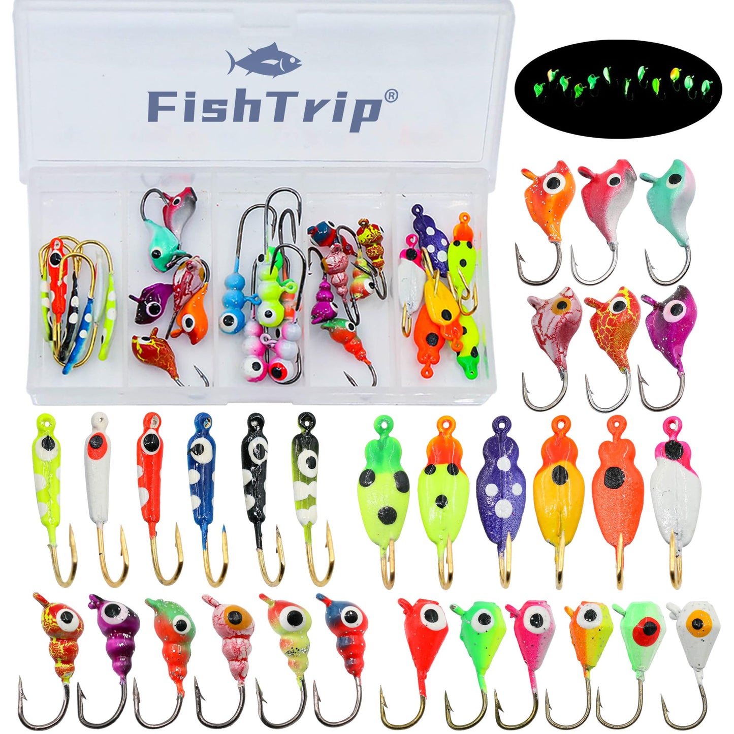 Ice Fishing Jigs Kit, 30/60Pcs Glow Ice Fishing Lure Set for Winter Ice Jigging Crappie Sunfish Perch Panfish Walleye Pike Jigs, Ice Fishing Gear with Storage Box