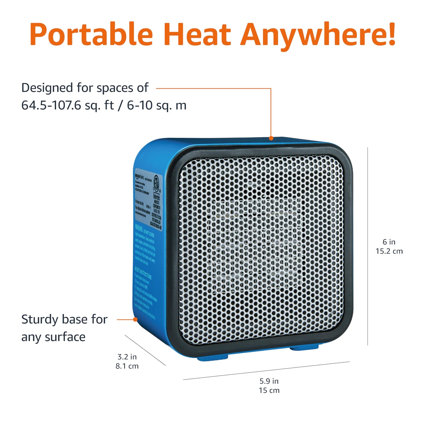 Amazon Basics Ceramic Portable Mini Space Heater for Office Desk, Fast Heating, Efficient, Indoor Use, 500W, With Tip-Over Protection, Lightweight 1.4 lbs, Blue, 5.9 x 3.2 x 6 inches