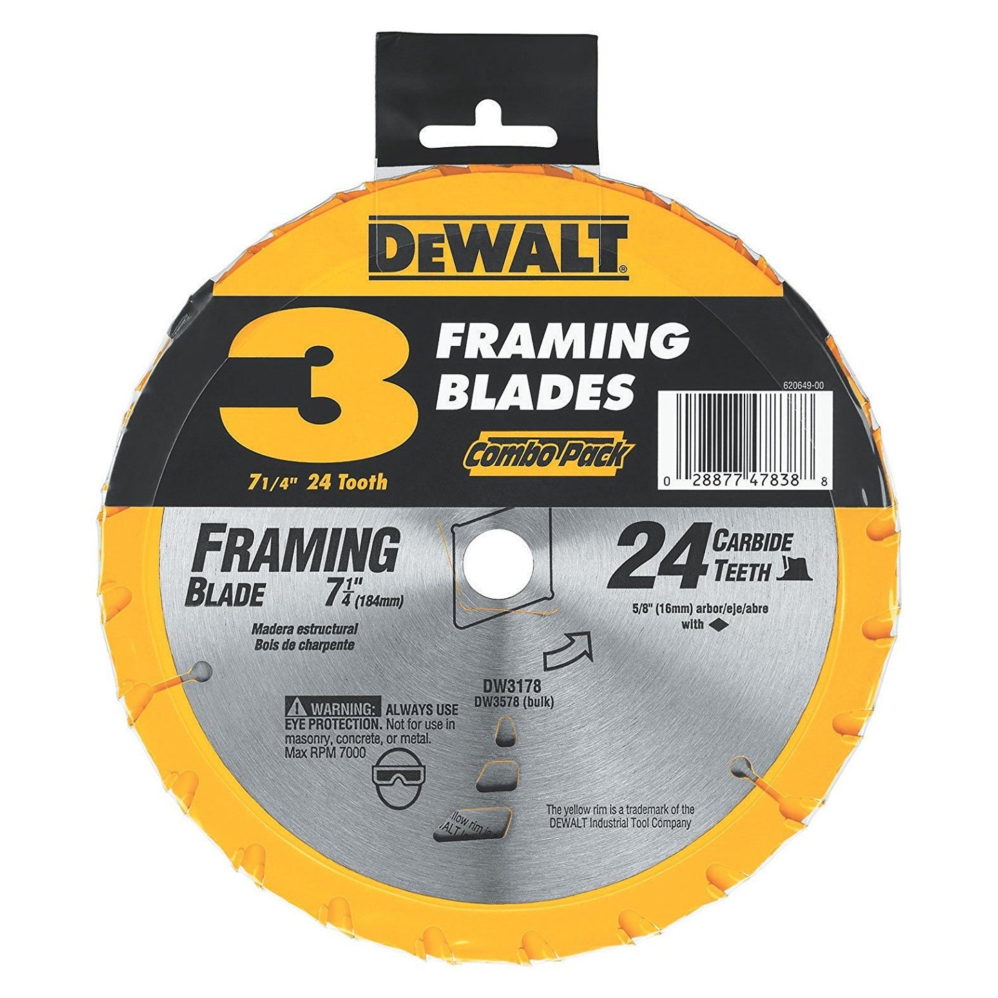 DEWALT Circular Saw Blade, 7 1/4 Inch, 24 Tooth, Wood Cutting, 3 Pack (DWA1714243)