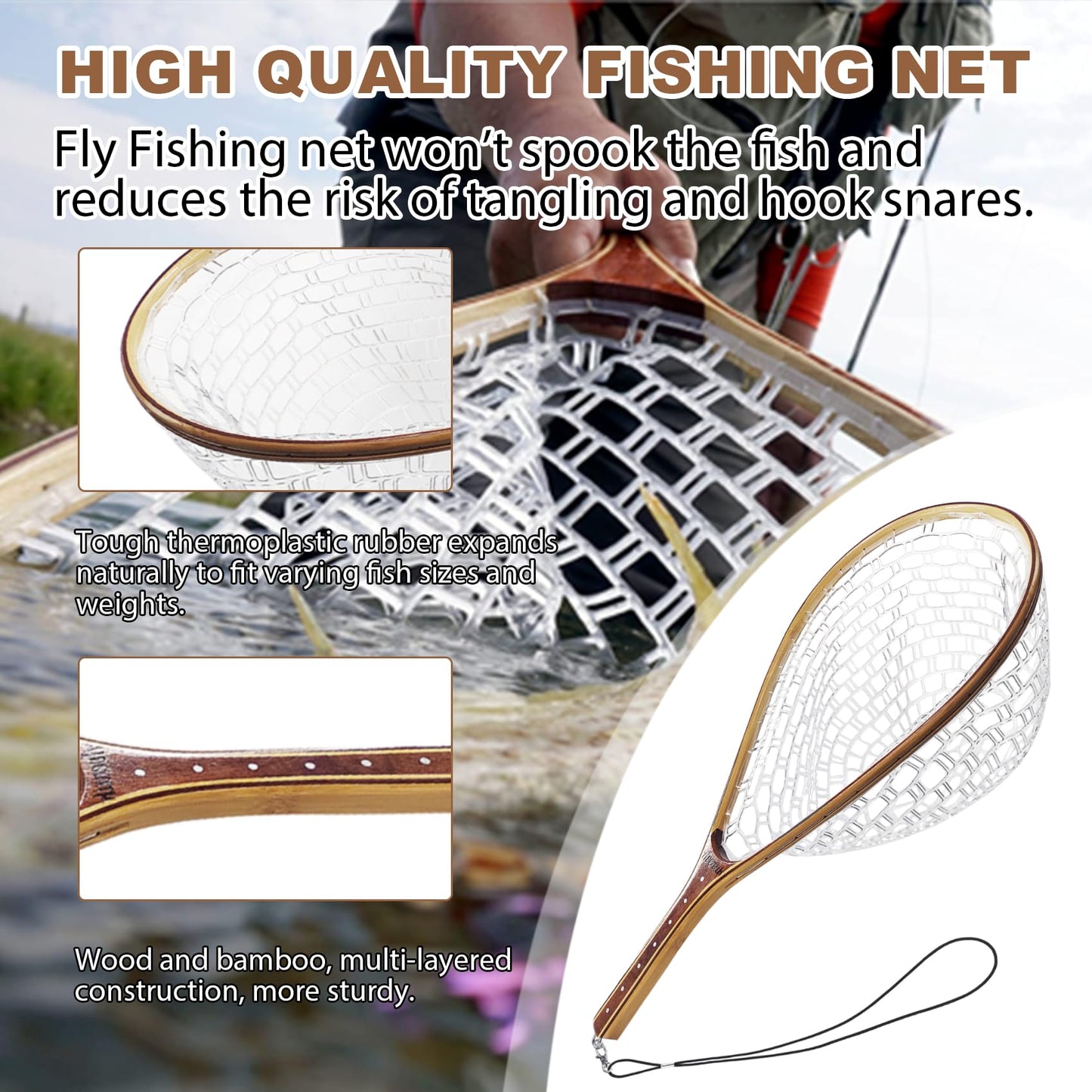 Aventik Fly Fishing Landing Net Trout Fishing Wooden with Measuring Mark Soft Rubber Net Bag Catch & Release