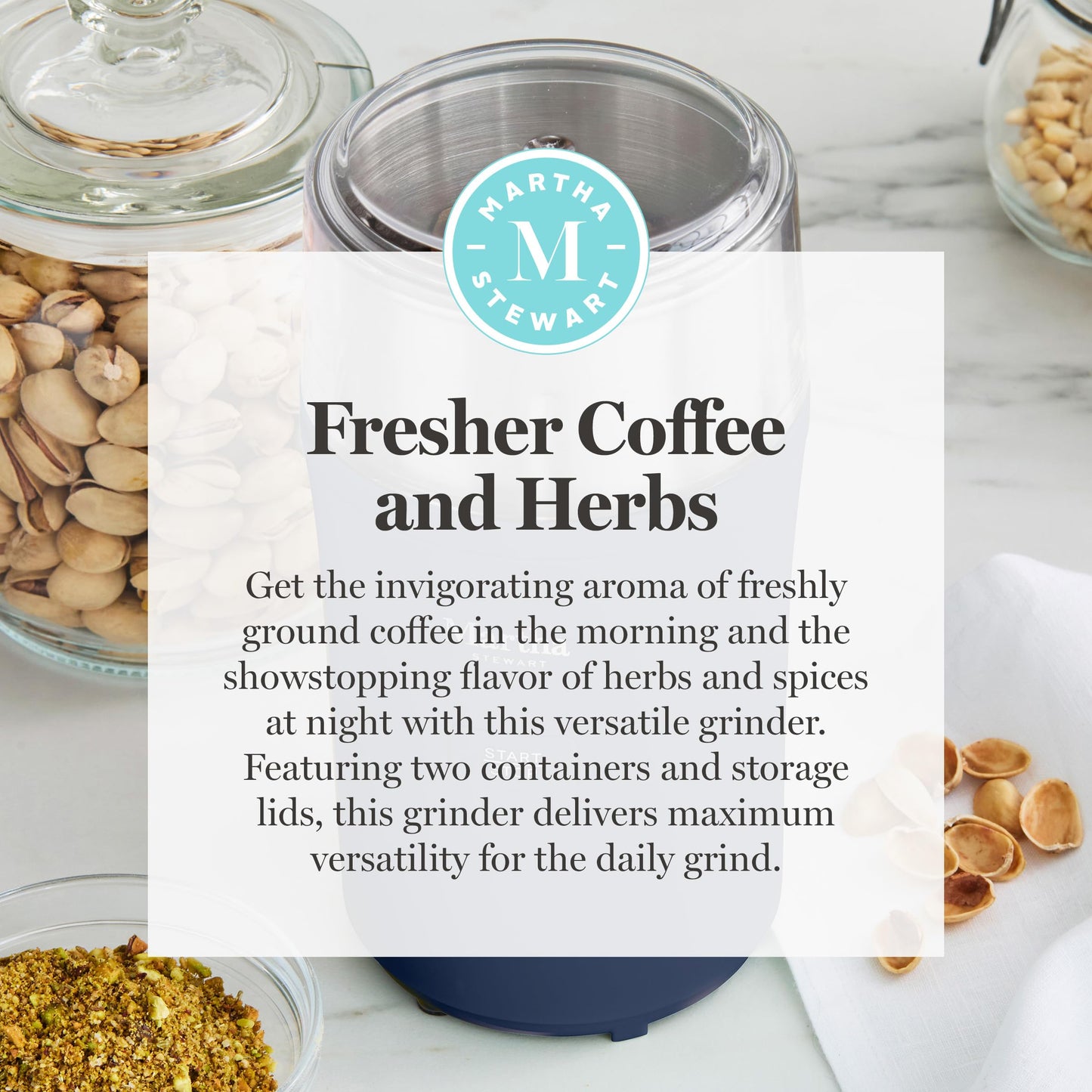 Martha Stewart Electric Coffee & Spice Grinder, Dual 2.5oz Removable Bowls, Storage Lids, Stainless Steel Blades, One Touch Pulse Control, 2-in-1 Compact, Beans & Spices, Herbs & Nuts, Sky Blue