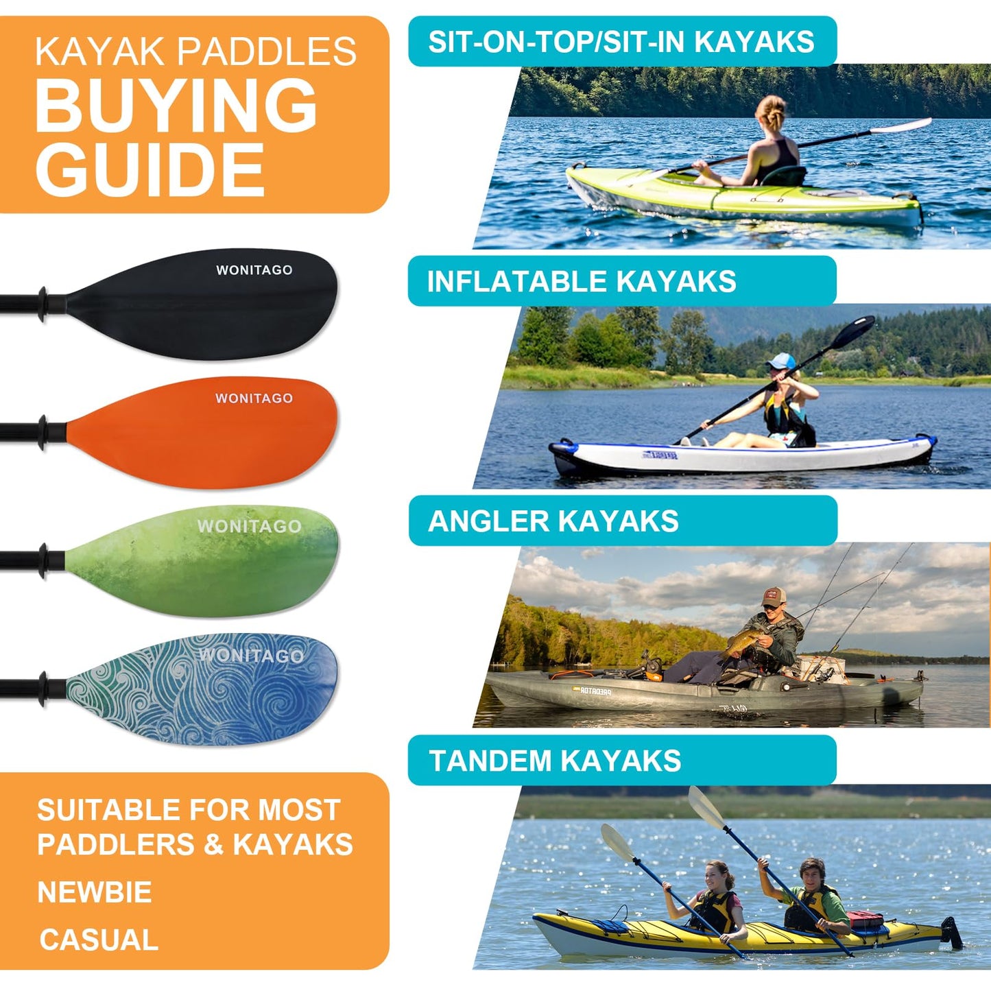 WONITAGO Kayak Paddles with Alloy Shaft and PP Blade, Floating Kayaking Oars, Adjustable 230-250 cm/90-98 Inches, Black