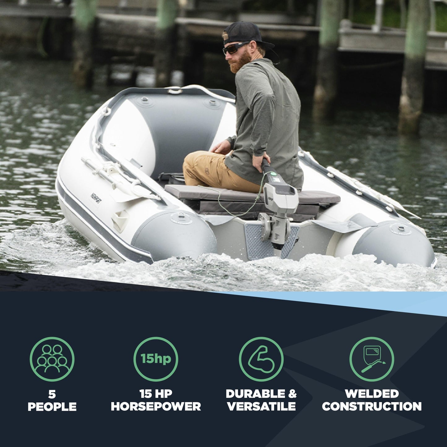10ft 6in Newport Model Inflatable Dinghy Boat Transom Sport Tender - 5 Person - 15HP USCG Rated, White/Gray