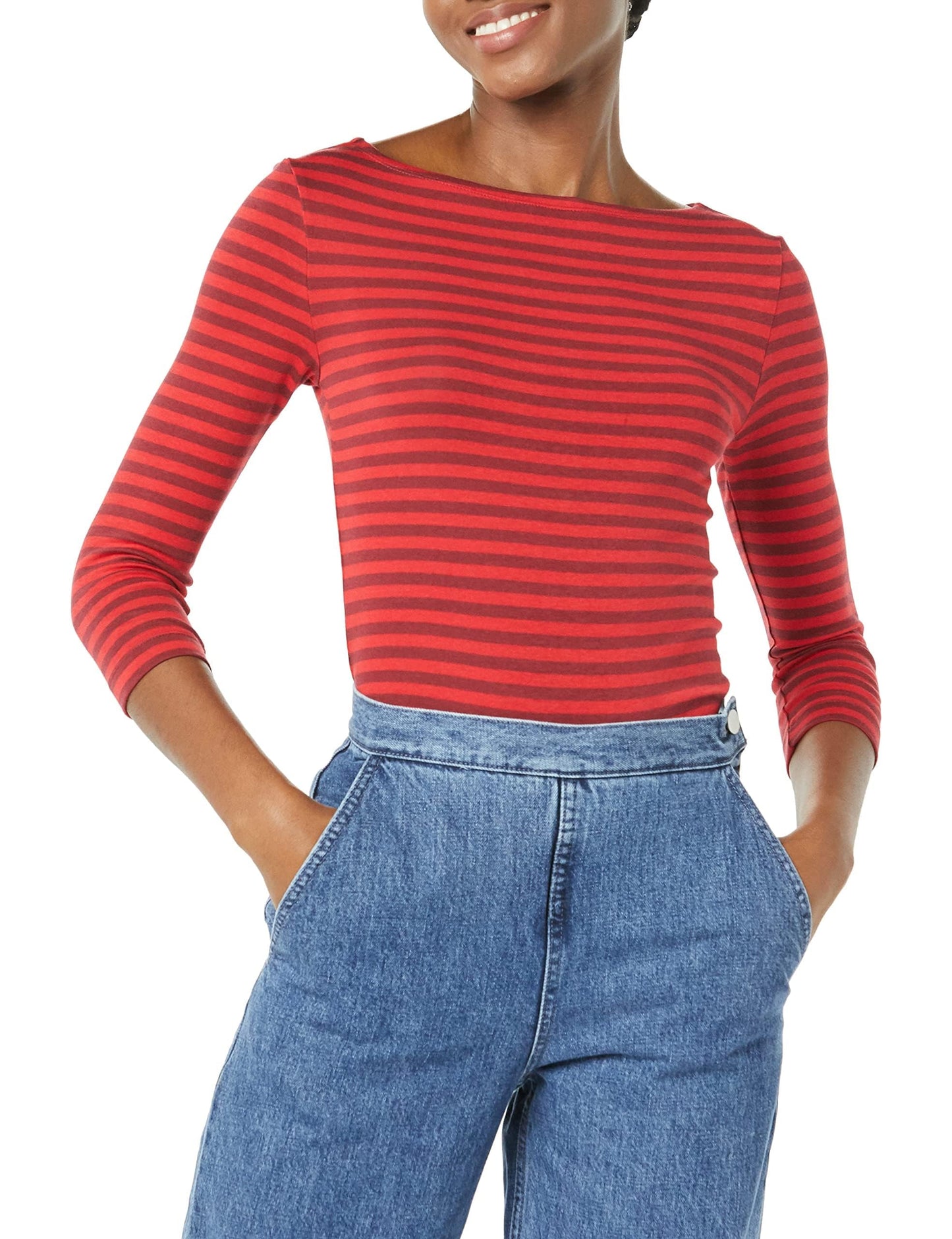 Amazon Essentials Women's Slim-Fit 3/4 Sleeve Boat Neck Cotton Modal Micro Rib T-Shirt