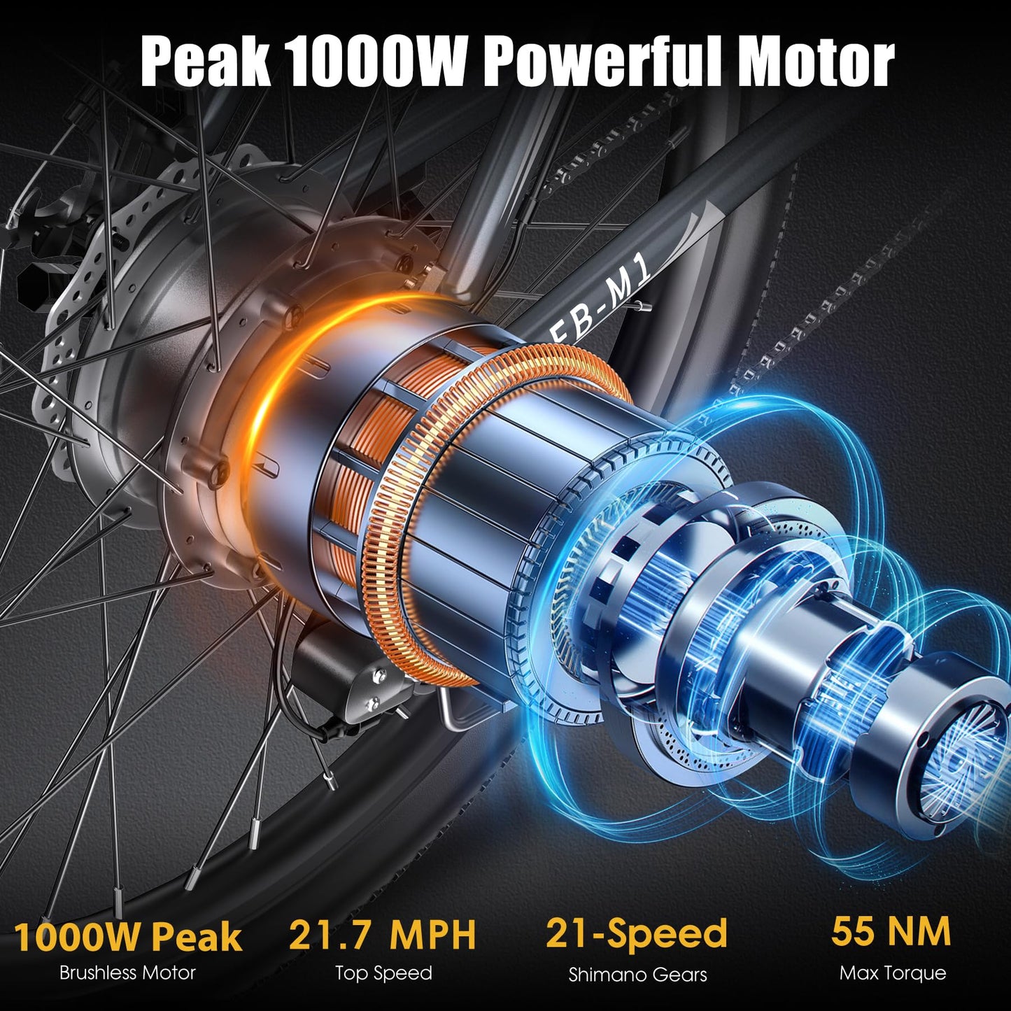 Funhang Electric Bike for Adults, 1000W Peak Ebike, 50Miles 21.7MPH Electric Mountain Bike, 26" Adult Electric Bicycle with 48V Removable Battery, Adjustable Stem, Fenders, 21 Speed, UL 2849 Certified