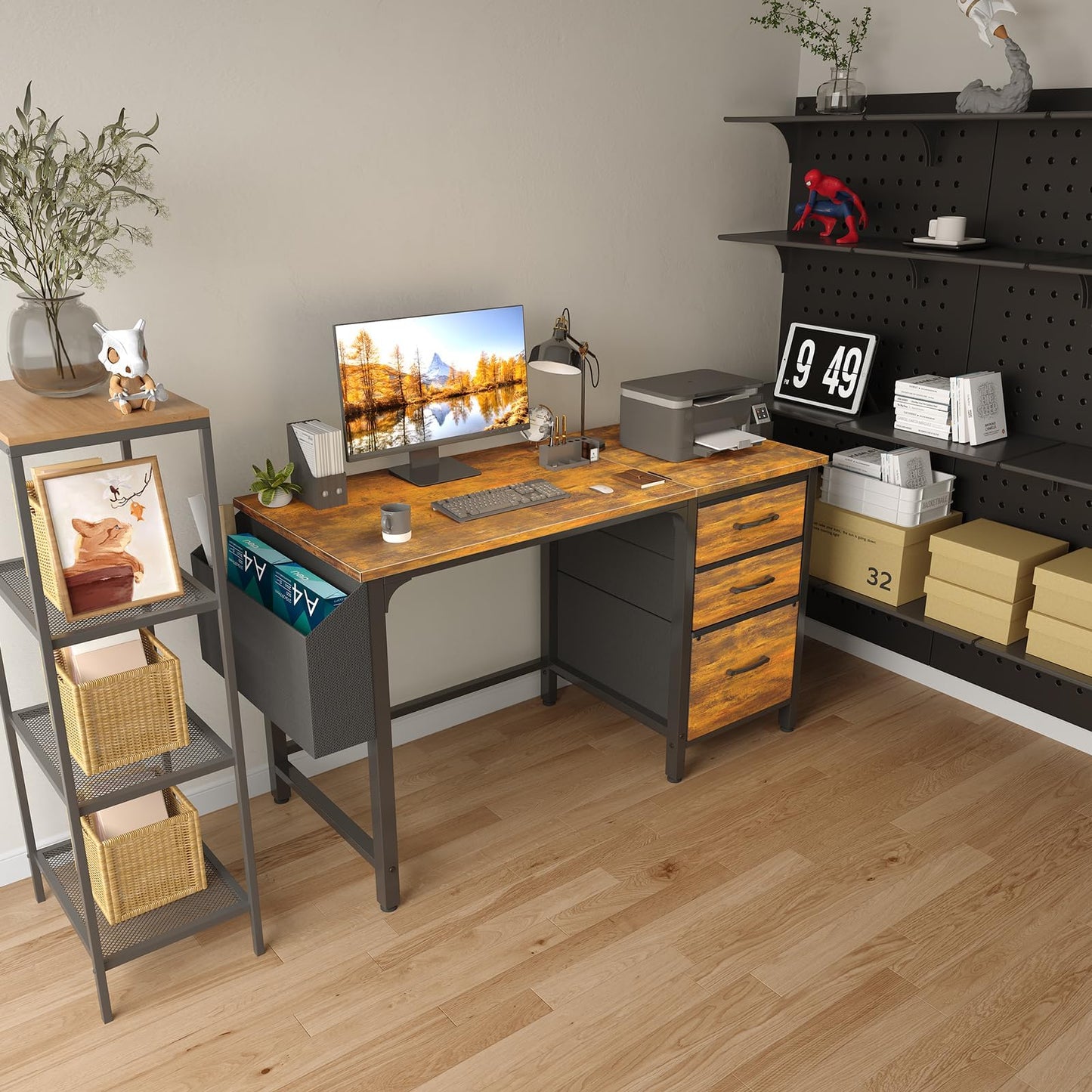Lufeiya Computer Desk with Fabric File Drawers Cabinet, 47 Inch Reversible Home Office Desks with Filing Cabinet for Small Space, Study Writing Table PC Desks, Rustic Brown