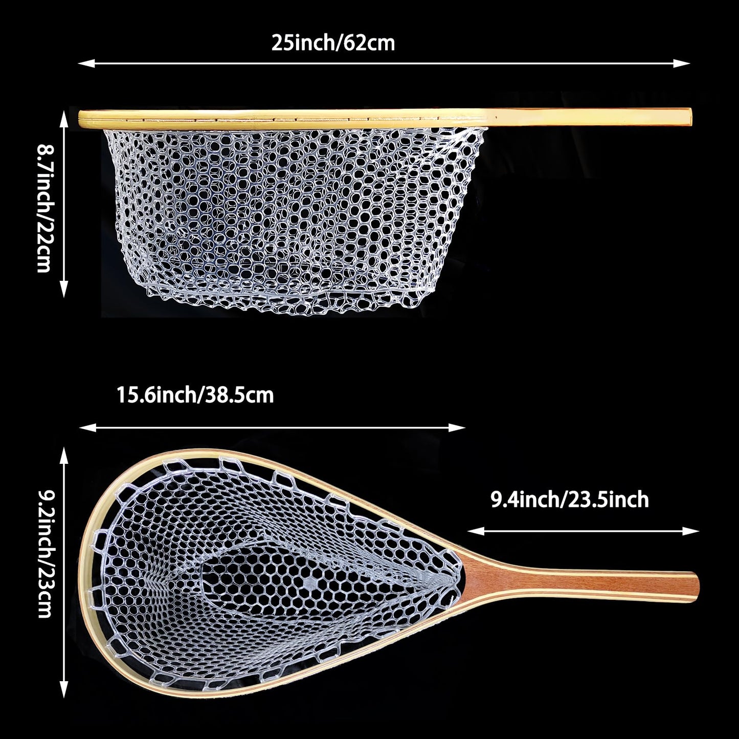 Aventik Wooden Fly Fishing Landing Net with Rubber Ghost Mesh and Magnetic Release - Catch & Release Friendly