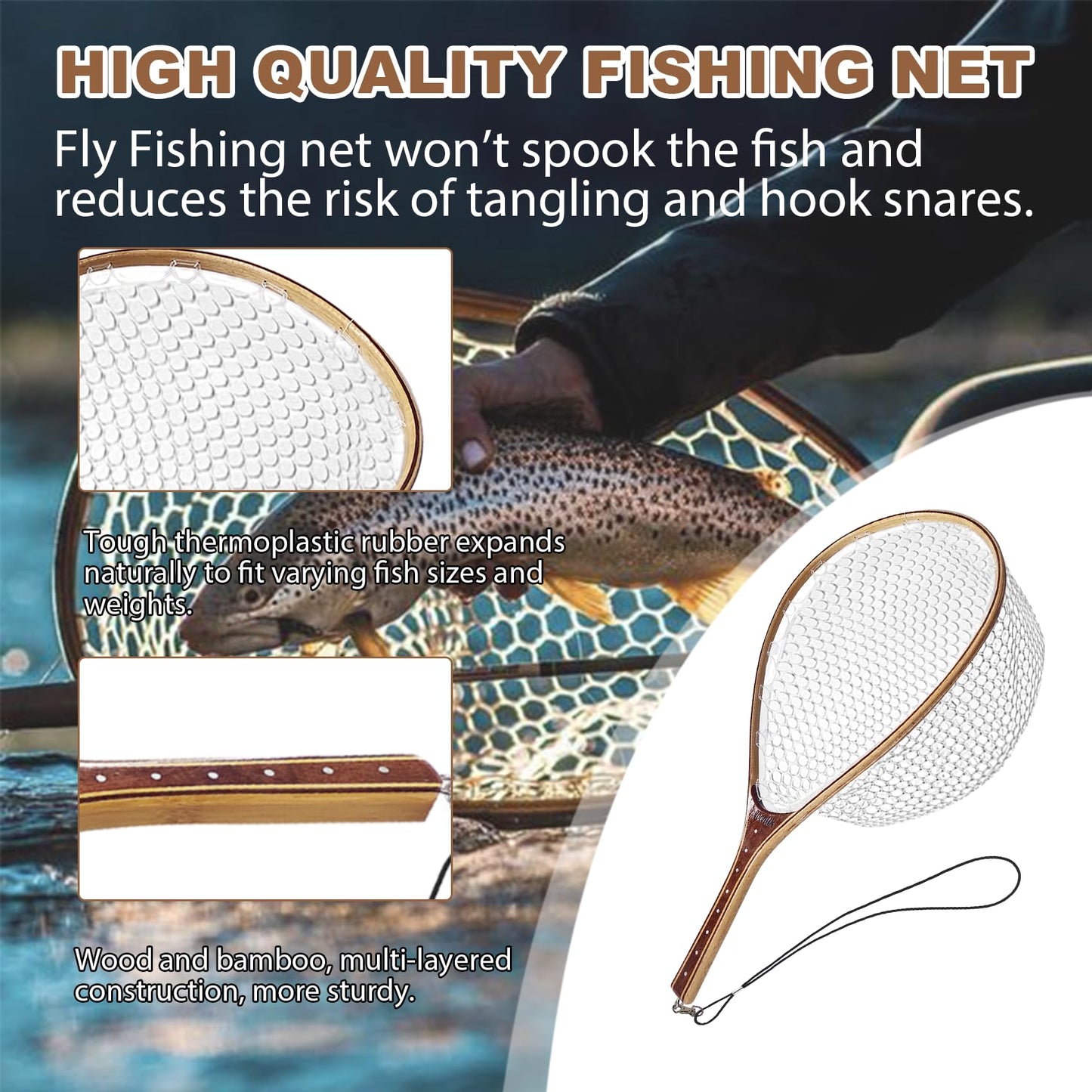 Aventik Fly Fishing Landing Net Trout Fishing Wooden with Measuring Mark Soft Rubber Net Bag Catch & Release