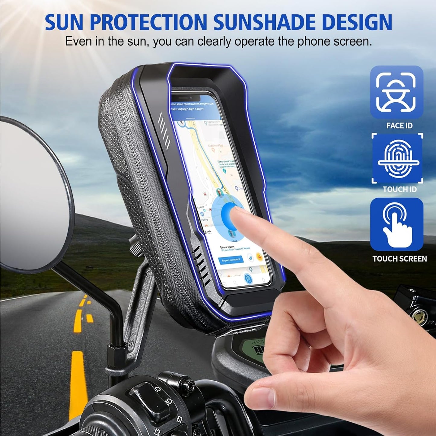 BKNOOU Motorcycle Phone Holder Waterproof Motorcycle Cell Phone Mount 360°Rotation Anti-Shake Upgrade Sun Visor Rain Cover Rearview Mirror Phone Holder Motorbike for Smartphone 4.5" to 6.9"