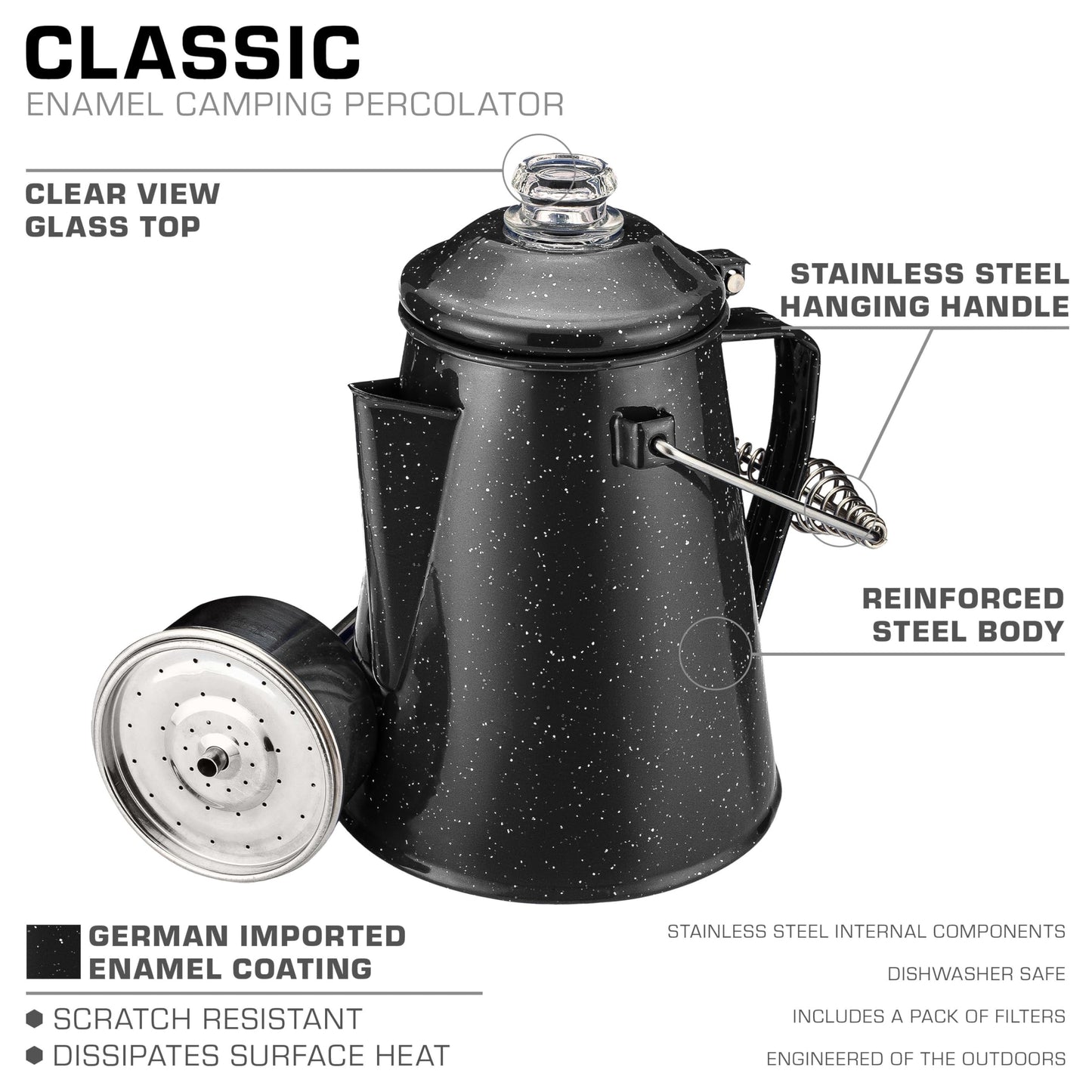 COLETTI Classic Percolator Coffee Pot — Coffee Percolator, Camping Kettle – The Original Camping Coffee Pot, Now Modernized – For Campsite Brewmasters Everywhere [Black Enamel, 12 Cup]