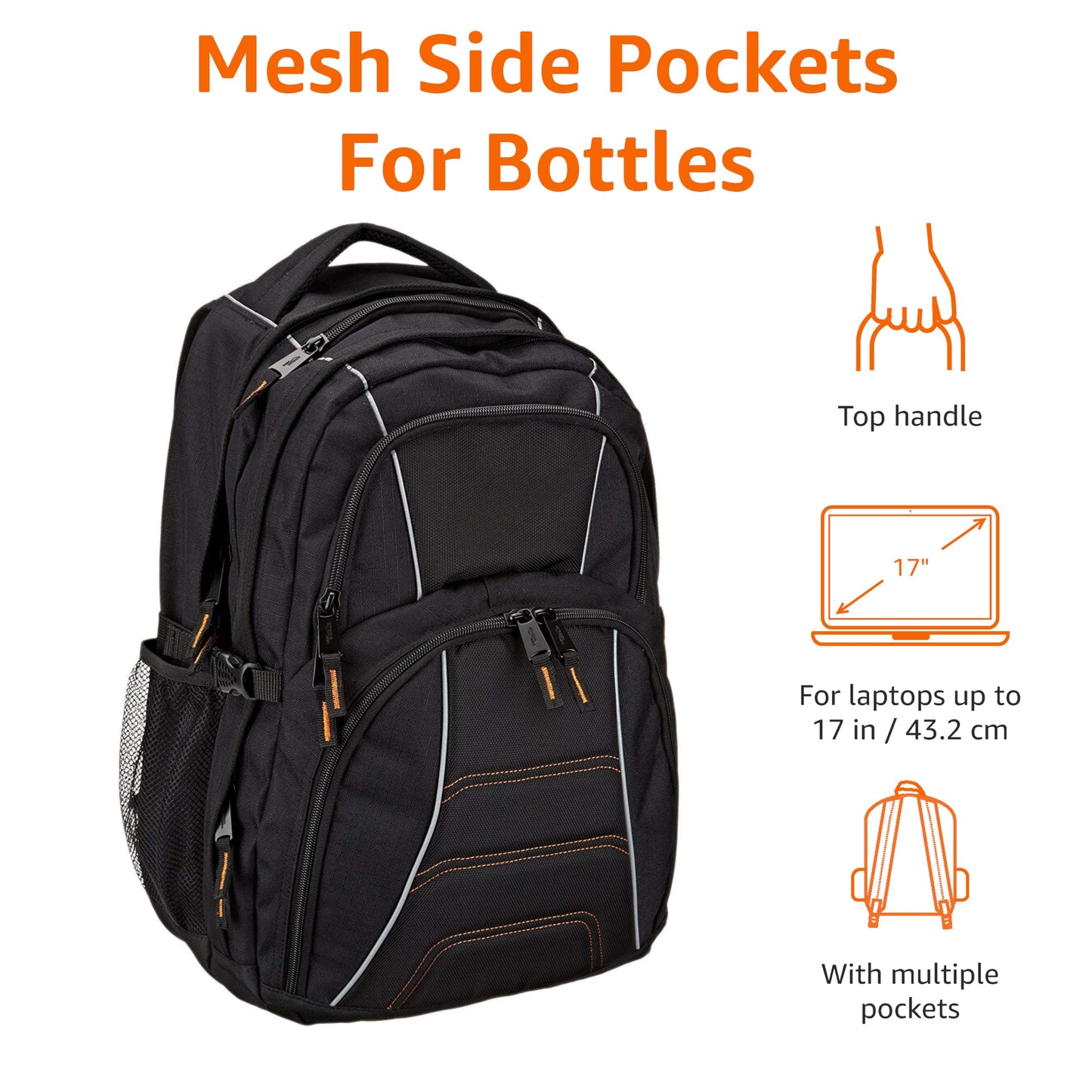 Amazon Basics Padded Laptop Backpack with Water Bottle Pockets, Travel Work Bag with Compartments, Fits Up to 17-Inch Laptops, Black