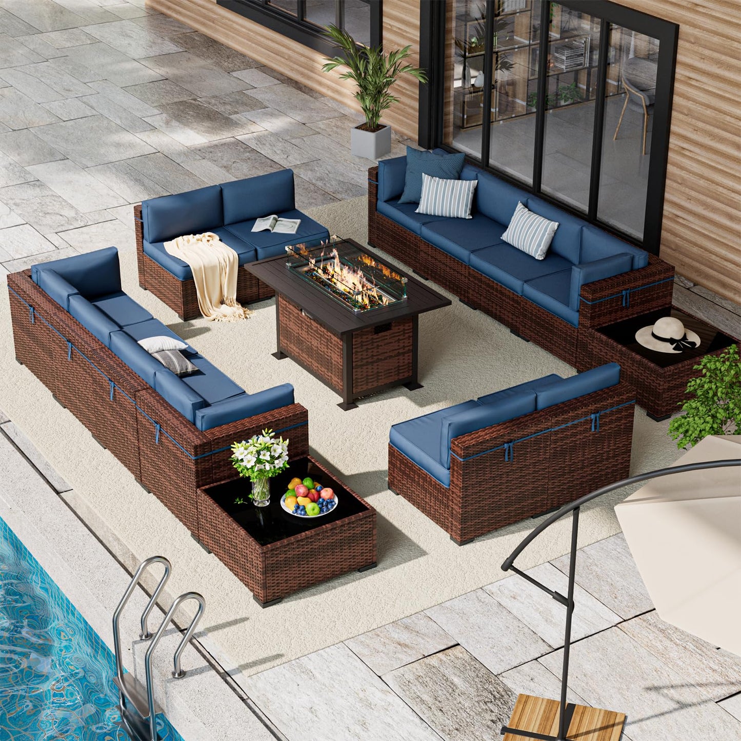 Amopatio Patio Furniture Sets, 7 Pieces Outdoor Rattan Sectional Sofa Set with Glass Table and Cushions, Wicker Patio Conversation Set for Outdoor Indoor Backyard Lawn Garden Porch (Grey)