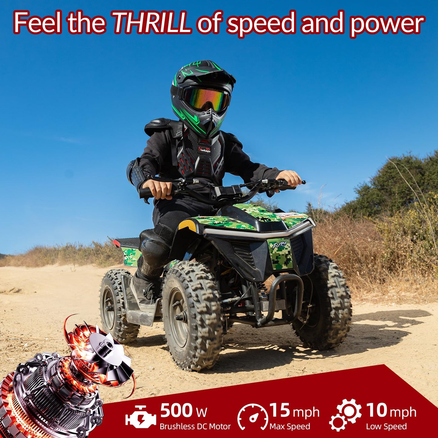 Droyd Electric ATV Vehicle Fury, 36V Kids Quad Bike with 500W Brushless Powerful Motor, 8-10 Miles Long Range Electric 4 Wheeler with Throttle Controlled Dual Suspension for Boys Girls Ages 6+