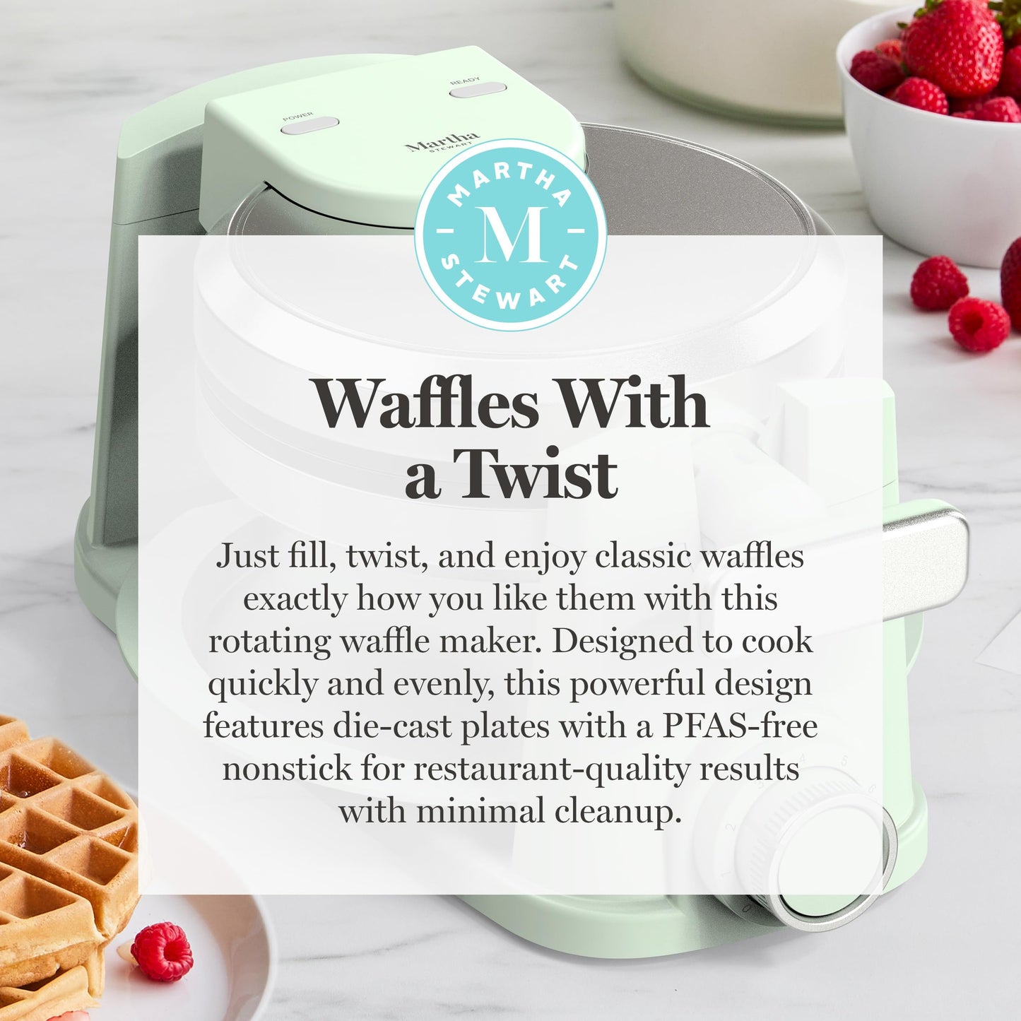 Martha Stewart Rotating Waffle Maker, 180° Flip Iron with PFAS-Free Nonstick Plates, Adjustable Timer, Ready Light, Drip Tray, Space Saving, Classic Round 7”, Easy to Clean, Stainless Steel, Sky Blue