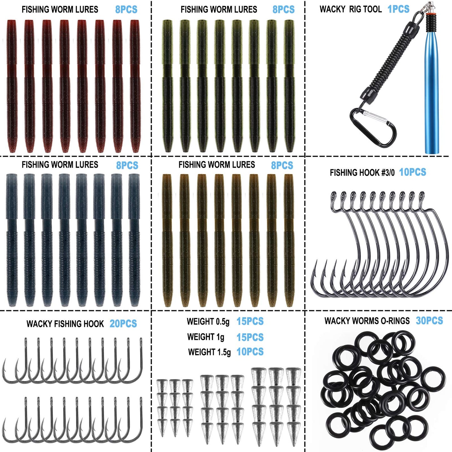 PLUSINNO 5.5" Wacky Worm Fishing Lure Kit, 137PCS Soft Plastic Fishing Lures, Grub Baits Hook Wacky Rig Bass Trout Fishing Worms Lures w/Tackle Box-A
