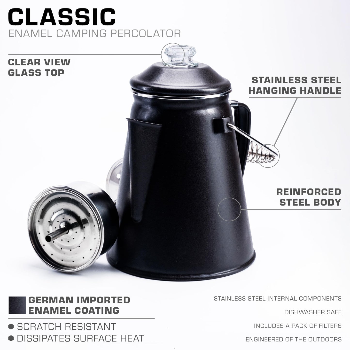 COLETTI Classic Percolator Coffee Pot — Coffee Percolator, Camping Kettle – The Original Camping Coffee Pot, Now Modernized – For Campsite Brewmasters Everywhere [Black Enamel, 12 Cup]