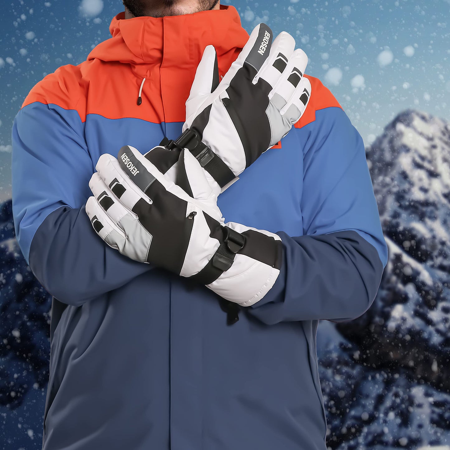 JEKOSEN Ski Gloves Women Mens Waterproof Touchscreen Snowboard Gloves Snow Cold Weather Winter Keep Warm Gloves with Anti-Lost Wrist Leashe White Medium