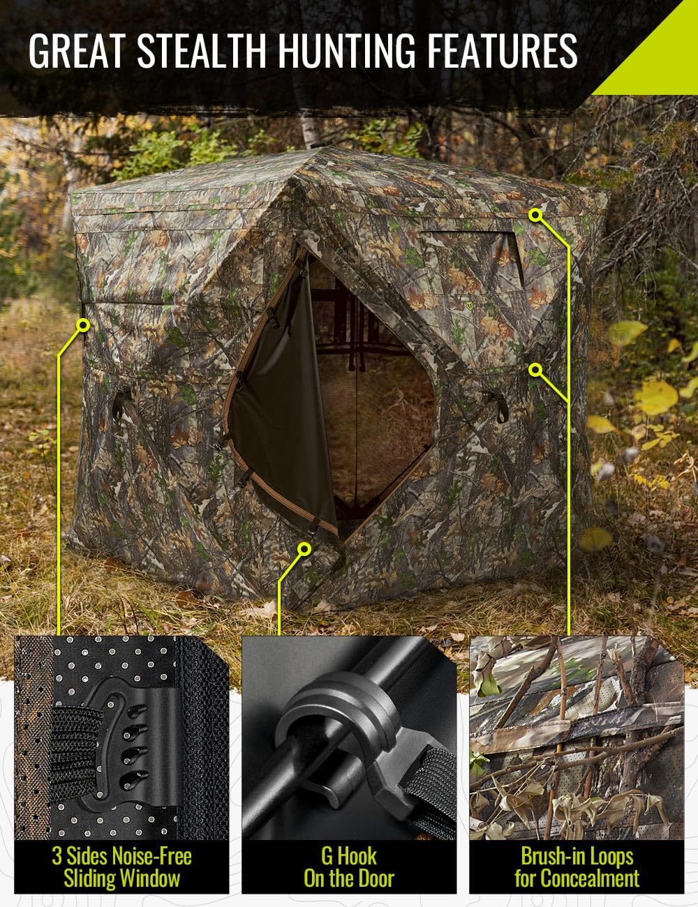TIDEWE Hunting Blind See Through with Carrying Bag, 2-3 Person Pop Up Ground Blinds 270 Degree, 300D Portable Resilient Hunting Tent for Deer & Turkey Hunting (Camouflage)