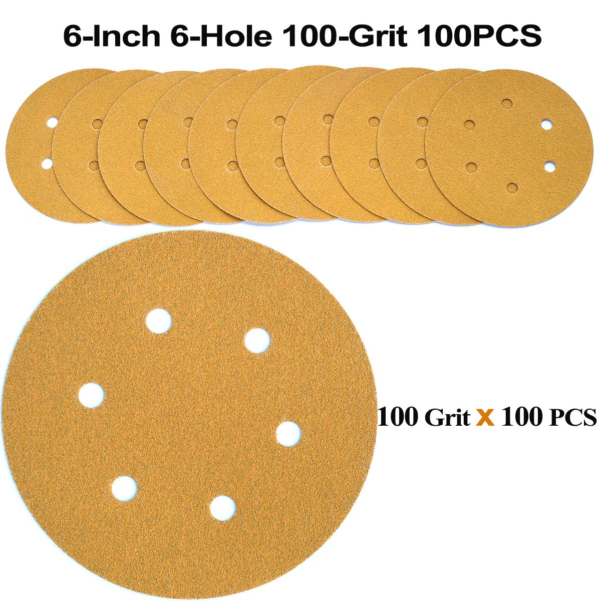6-Inch 6-Hole Hook and Loop Sanding Discs 600-Grit, Random Orbital Sandpaper for Automotive and Woodworking, 100-Pack