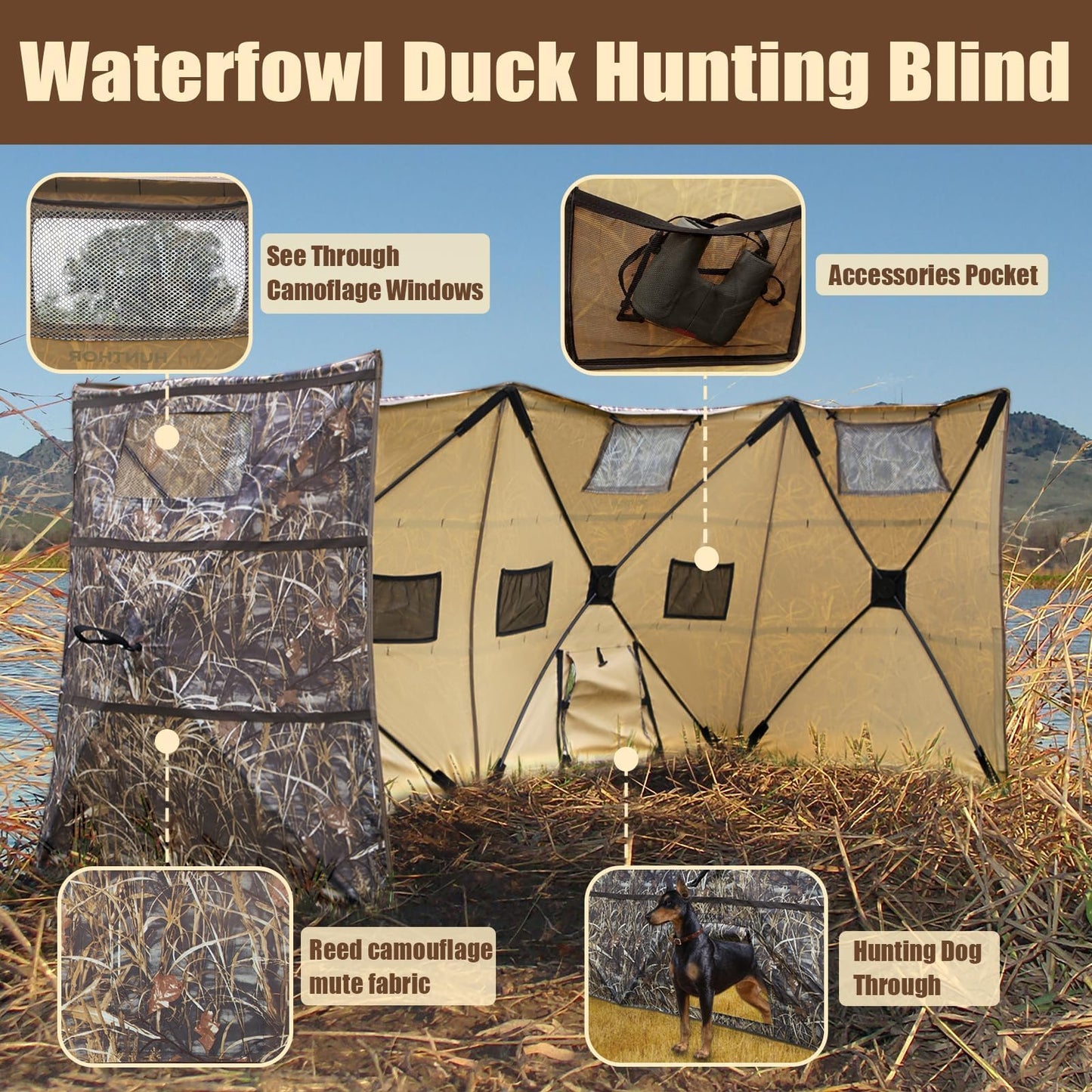 Hunthor 4 Panel Duck Blind Hunting Tent with Dog Door, Pop-Up Waterfowl Blind for 3-4 People, Durable Field Duck Dove Bush Hunting Tent with Carry Bag (Camo)