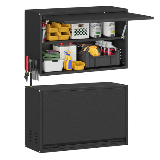 Firstsky Metal Garage Wall Cabinet with Up-Flip Door, Black Float Tool Cabenit with Adjustable Shelf,Upper Storage Cabinets with Pegboard for Kitchen,Garage,Workshop,Warehouse (19.7" H,Black)