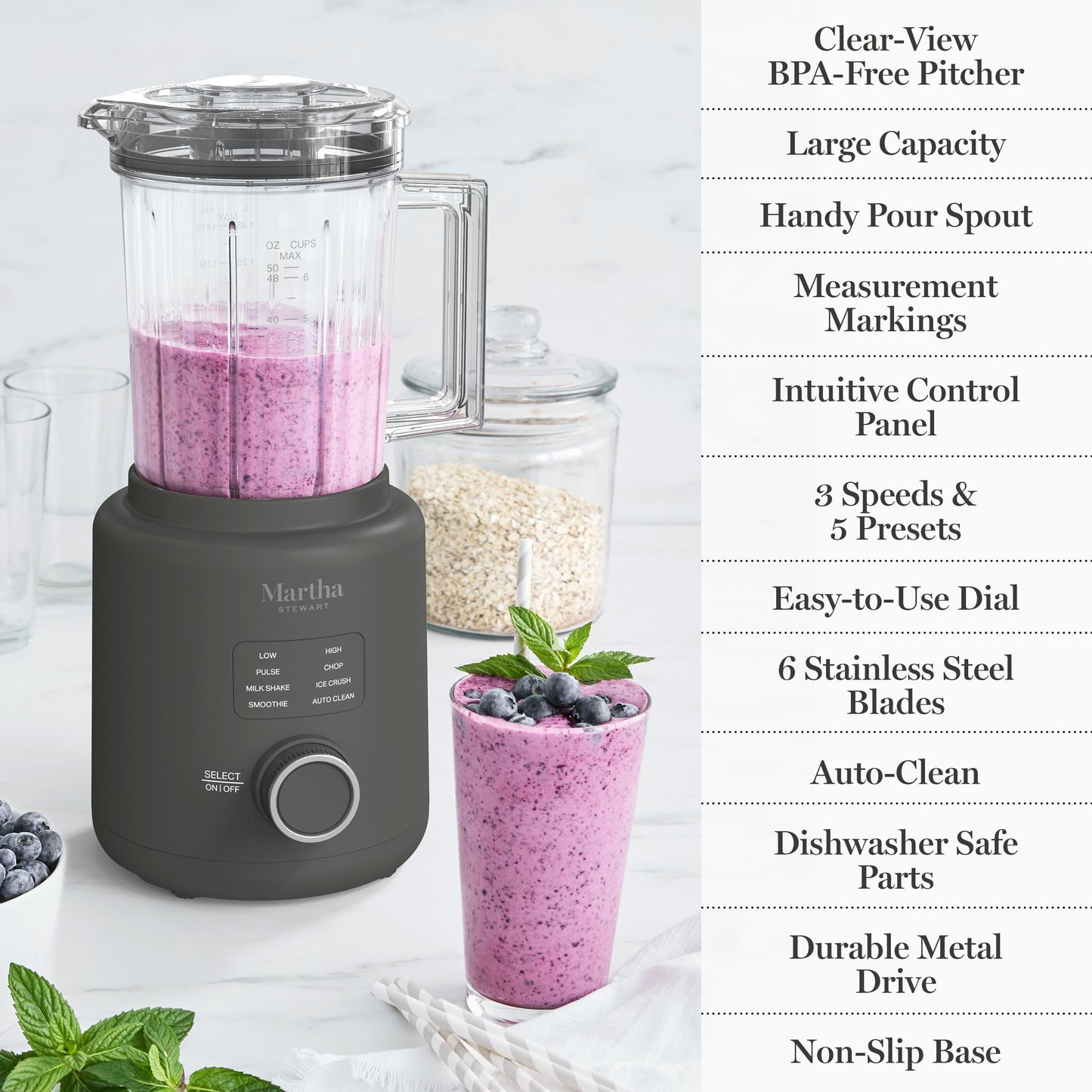 Martha Stewart 50oz Countertop Blender, Smoothie, Margarita & Ice Crushing Blender, BPA-Free Pitcher, 3 Speeds, 5 Presets, Auto-Clean Function, Dishwasher Safe, Stainless Steel Blades, Sky Blue