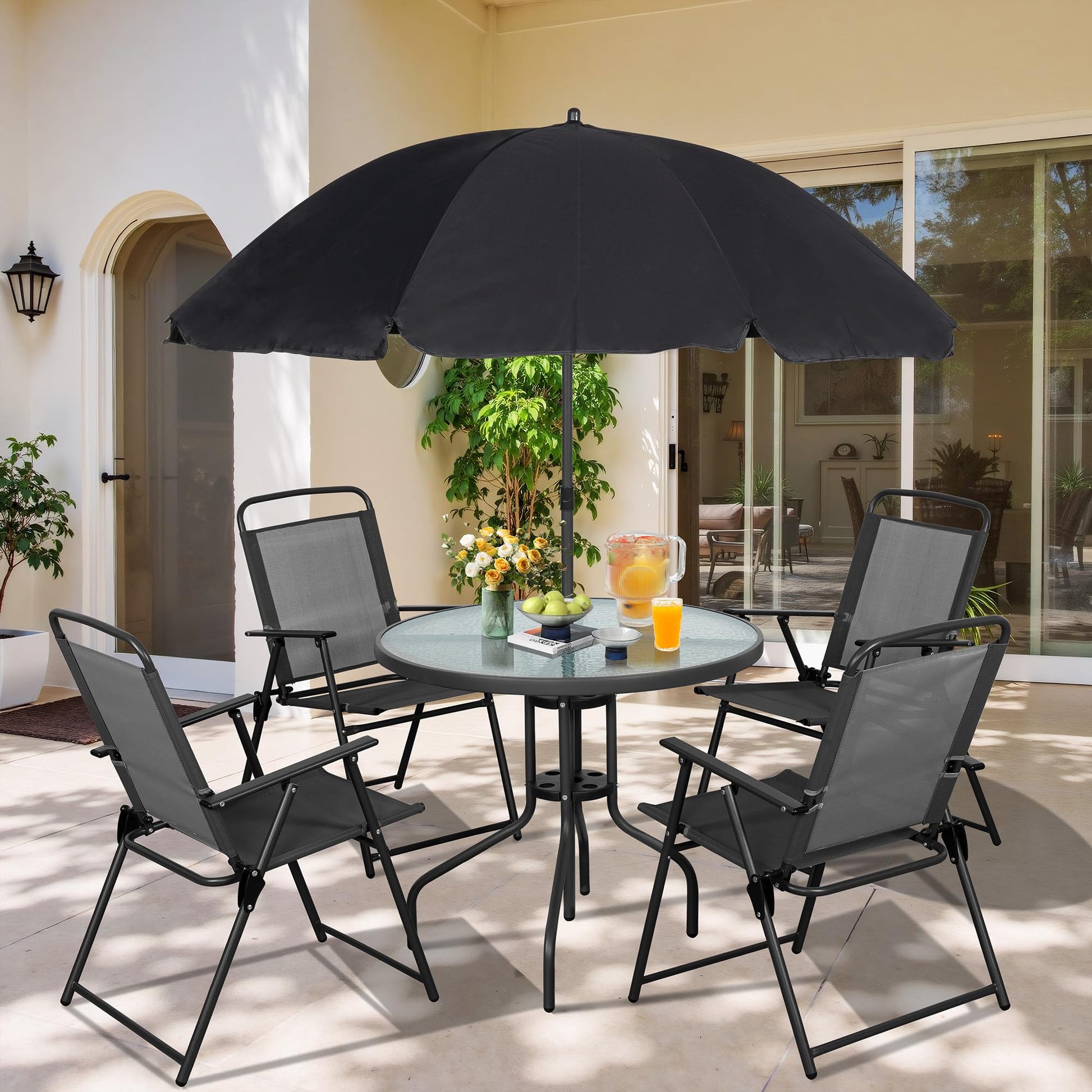 4 seat patio furniture set with umbrella MFSTUDIO Table and Chairs of 4, Swivel Mesh Chairs, Blue FEATURES Sleek Slat Tabletop Vongrasig 6 Piece Folding Patio