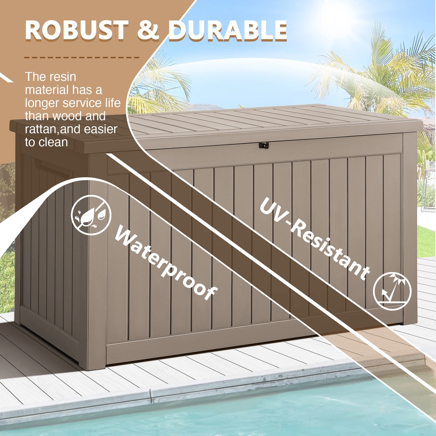 Devoko 100 Gallon Waterproof Large Resin Deck Box Indoor Outdoor Lockable Storage Container for Patio Furniture Cushions Garden Tools (100 Gallon, Black)