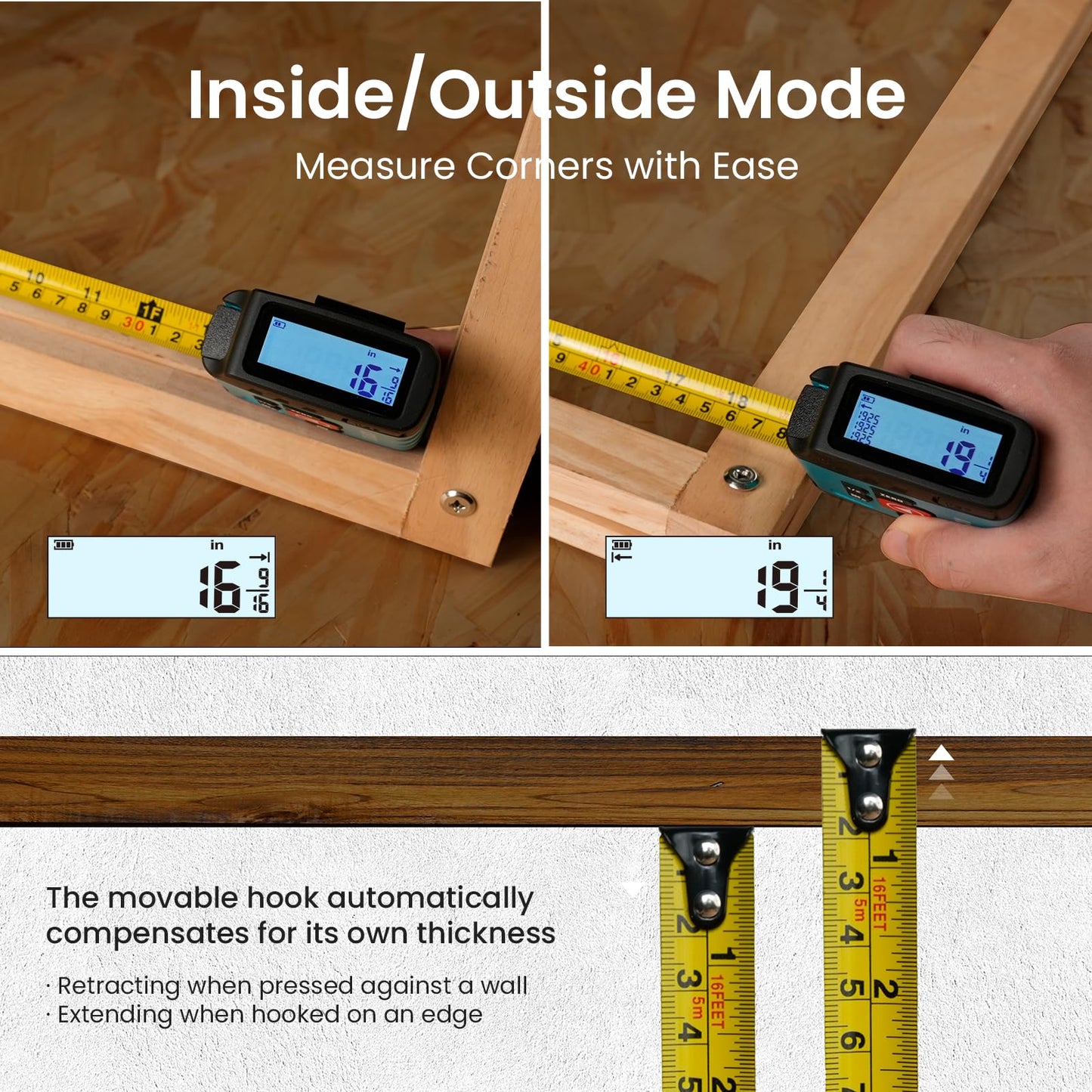 Digital Tape Measure 2 in 1, 16FT with Display, Smart Tape Measure, Area Volume Measuring Pythagorean Mode, Waterproof and Rechargeable,1/2 Self Centering, 20 Groups Historical Memory