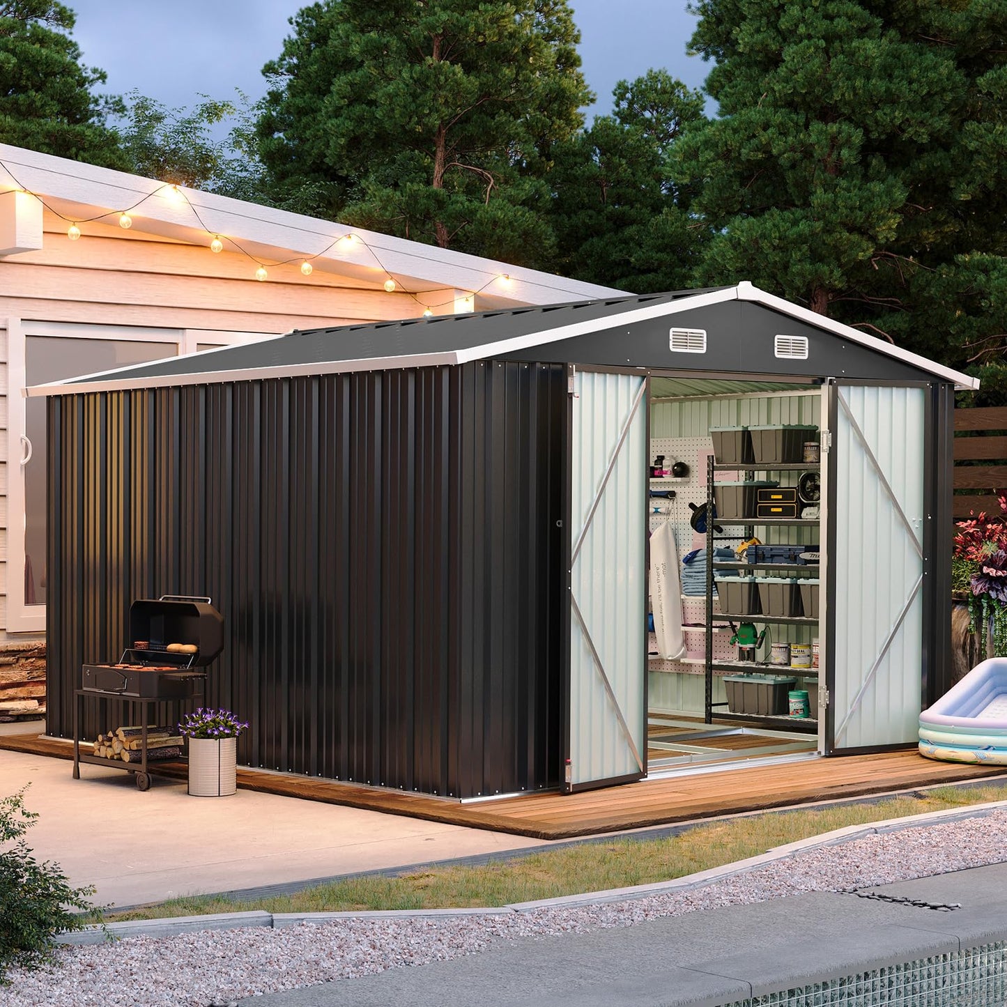 Aoxun 12x10 FT Shed Metal Outdoor Waterproof Storage Shed Steel Utility Garden Tool Shed with Door & Lock Outdoor Storage for Garden Patio Lawn Poolside, Brown