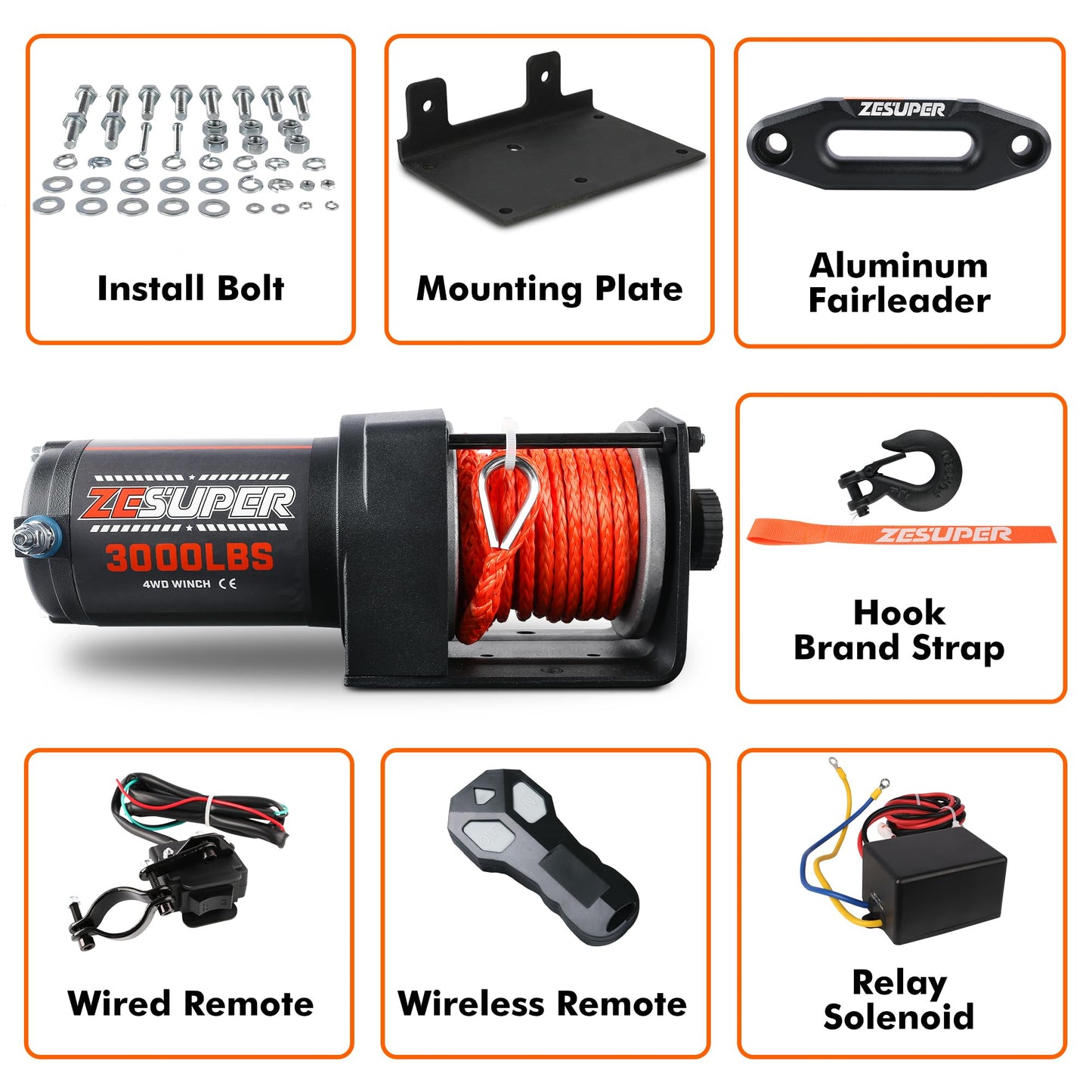 ZESUPER 3000 lb Electric Winch for ATV UTV Trailer Boat Synthetic Rope Winch 12V DC Off Road Towing Winches with Wireless Remote Mounting Bracket
