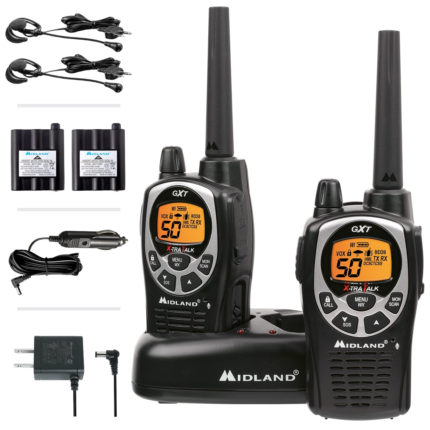 Midland GXT1000VP4 GMRS Two-Way Radio (50 Channel, Long Range, 142 Privacy Codes, SOS, NOAA, Rechargeable Nickel Battery, Black/Silver 2-Pack)