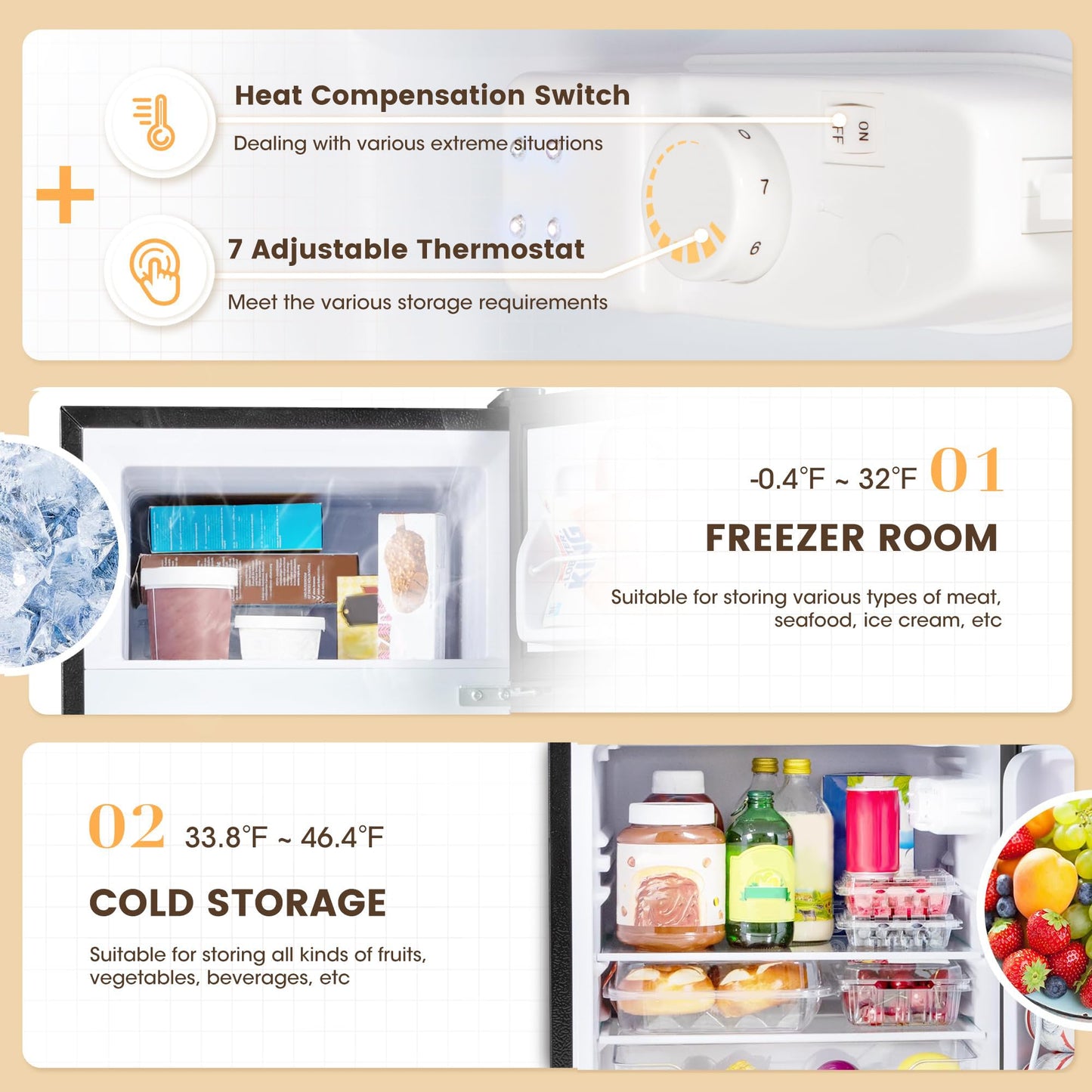 Manastin 3.5 Cu.Ft Mini Fridge with Freezer, 2 Door Small Refrigerator, 7 Level Adjustable Thermostat, Compact Fridge for Living Room, Office, Kitchen and Apartment(Black)